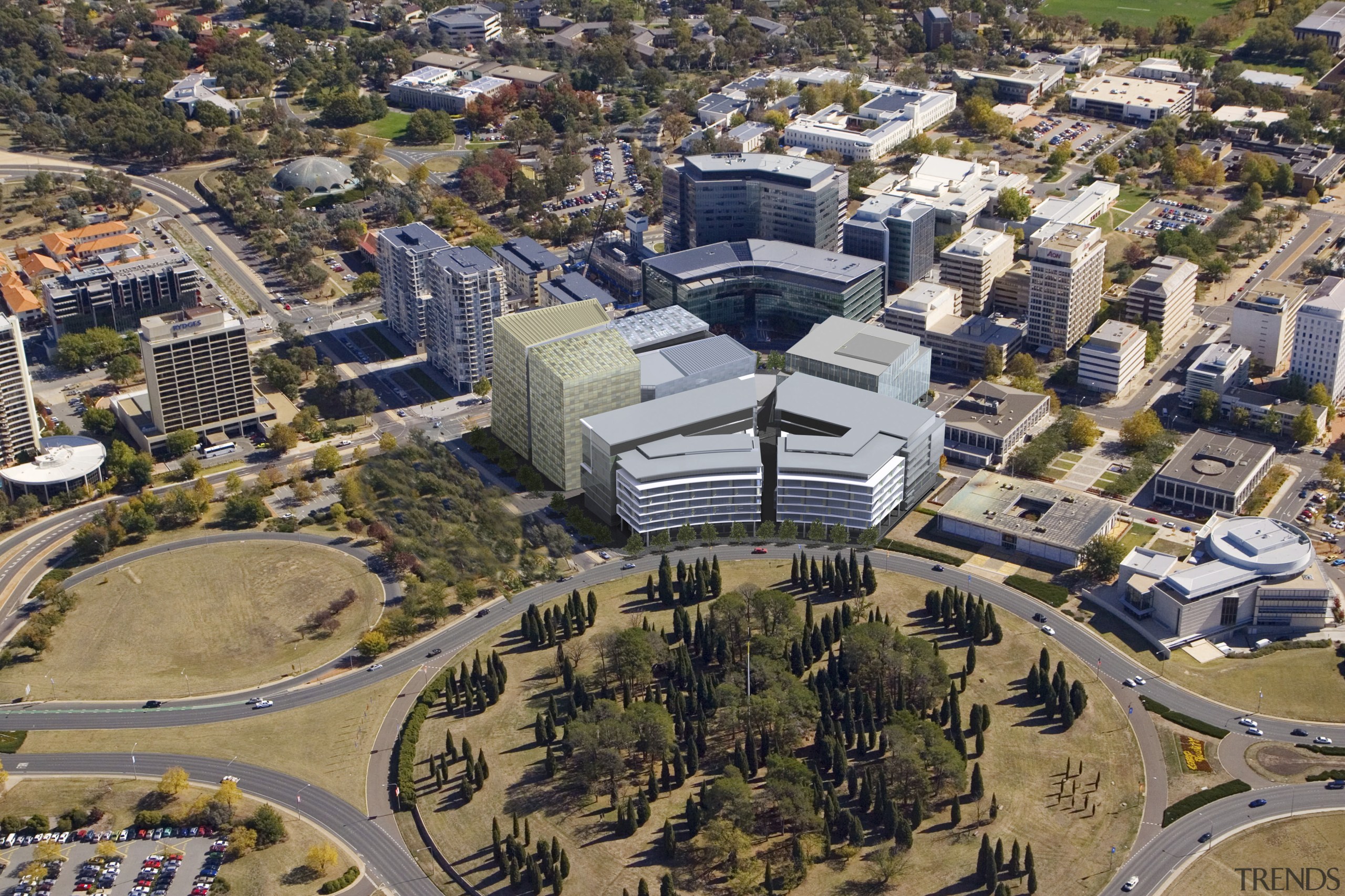 Aerial view of the Canberra business district that aerial photography, bird's eye view, building, city, daytime, metropolis, metropolitan area, mixed use, neighbourhood, photography, residential area, suburb, urban area, urban design, gray, brown