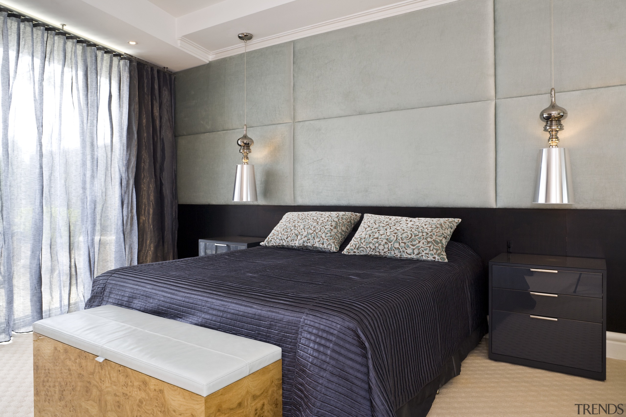 View of master bedroom with leather wall panels, bed frame, bedroom, ceiling, floor, home, interior design, mattress, property, real estate, room, suite, wall, gray, black