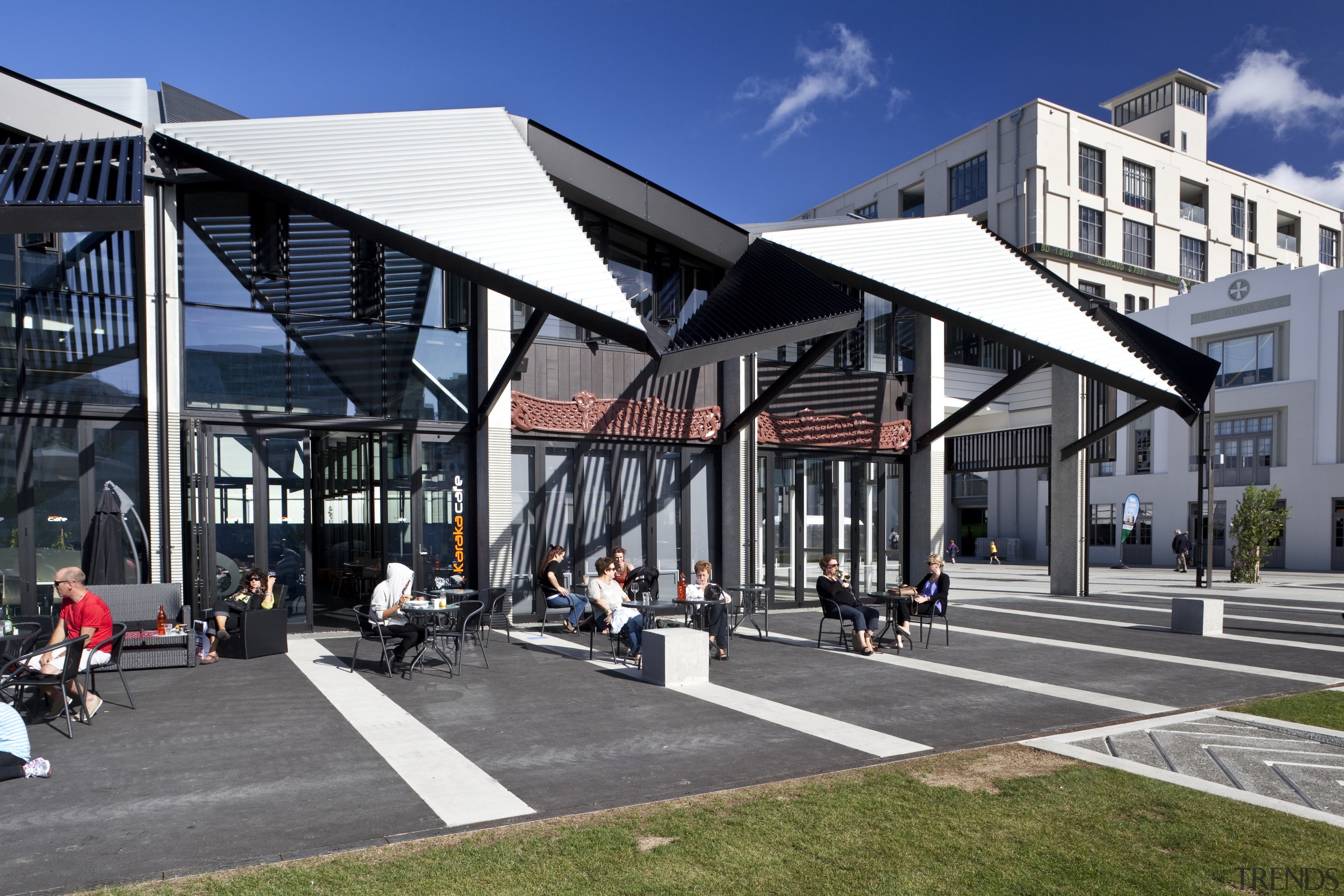 View of folded roof and canopy design at architecture, building, city, commercial building, corporate headquarters, mixed use, residential area, structure, urban design, gray