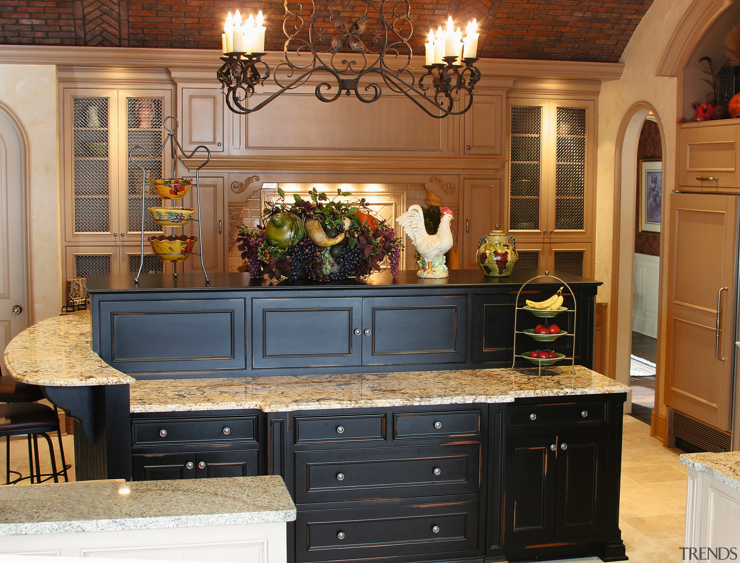 View of this kitchen featuring traditional timber cabinetry, cabinetry, countertop, cuisine classique, furniture, kitchen, room, brown