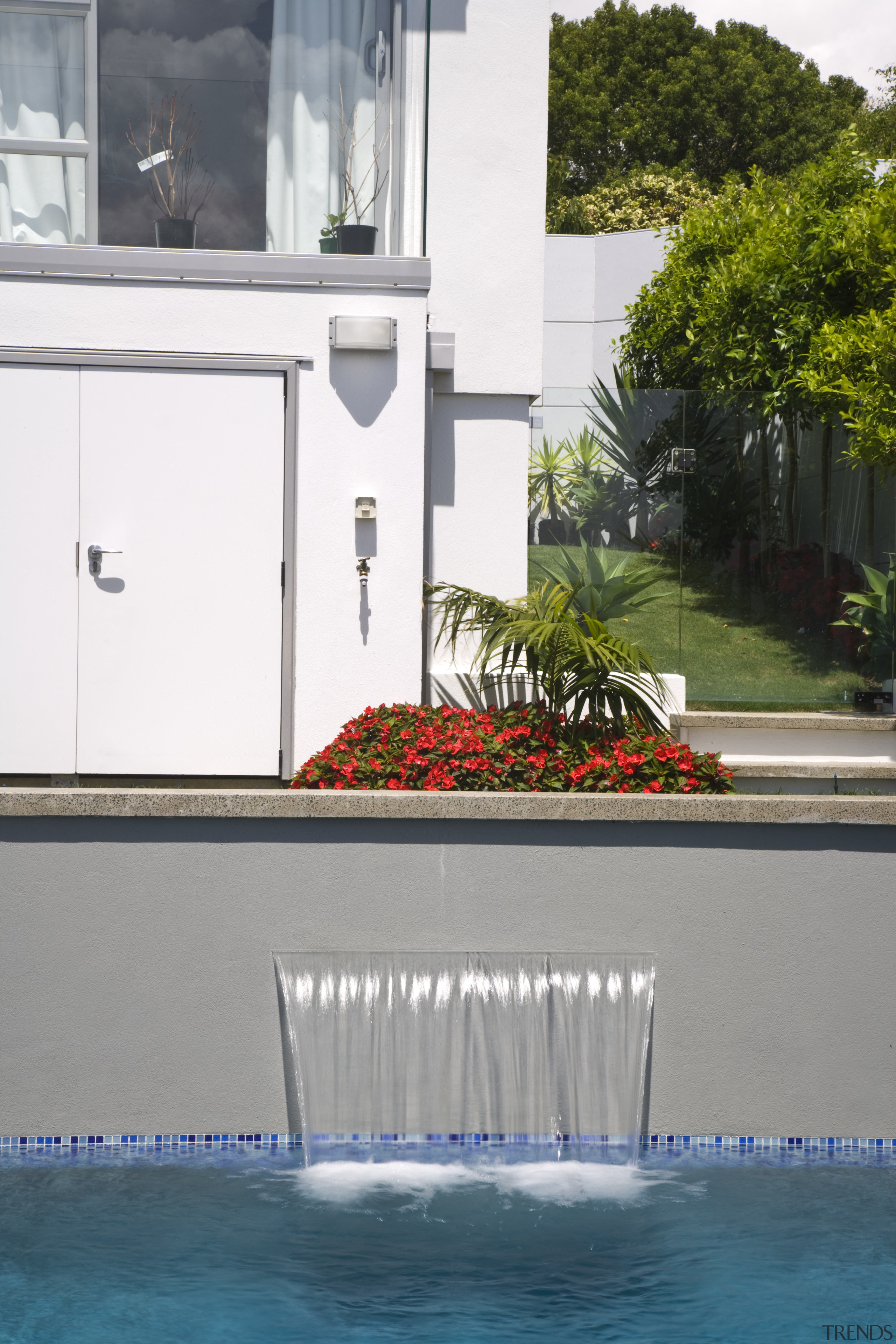 Image of the pool which has been designed house, property, swimming pool, water, window, gray, white