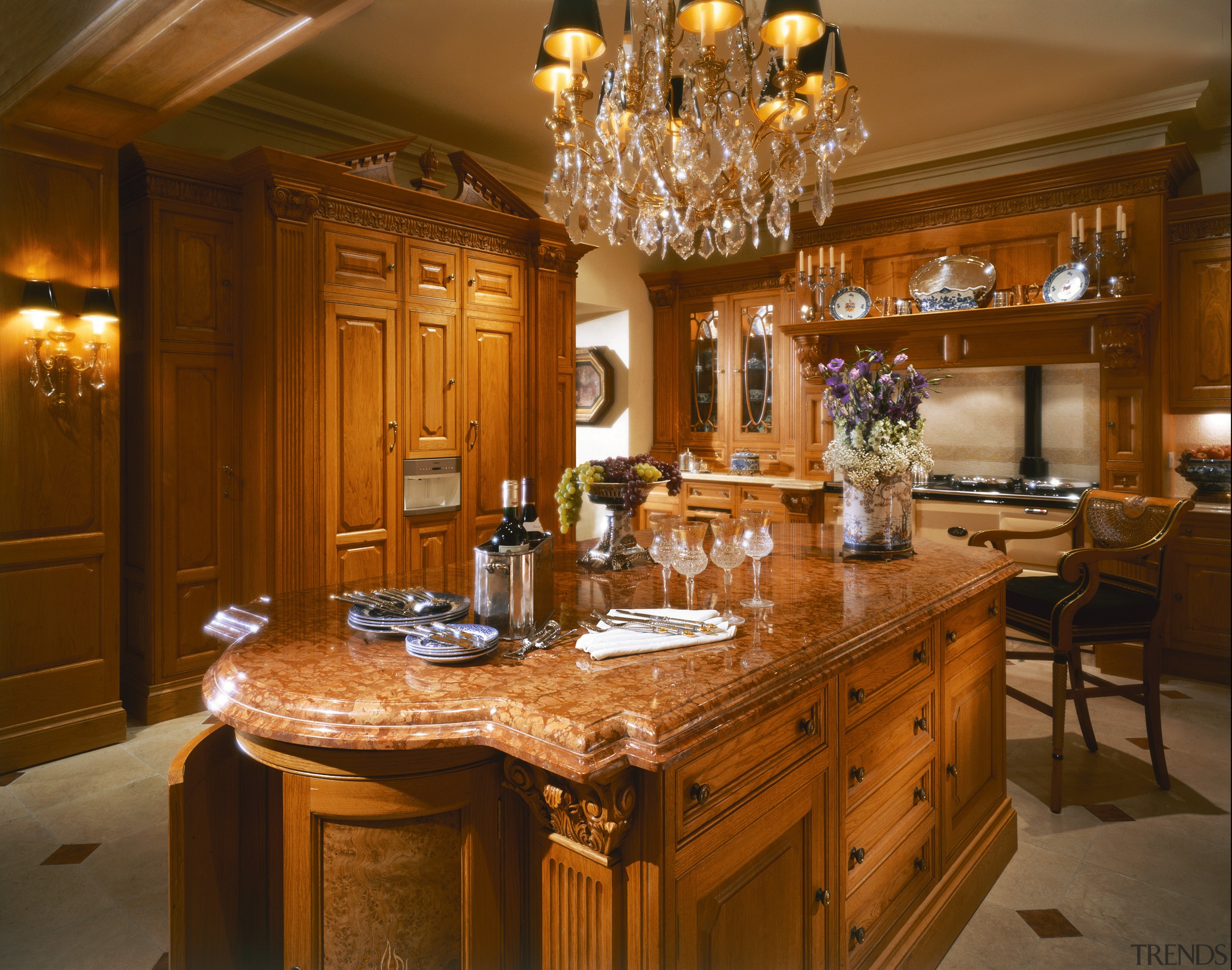 view of the regencg kitchen in honey oak cabinetry, ceiling, countertop, cuisine classique, dining room, estate, home, interior design, kitchen, room, brown