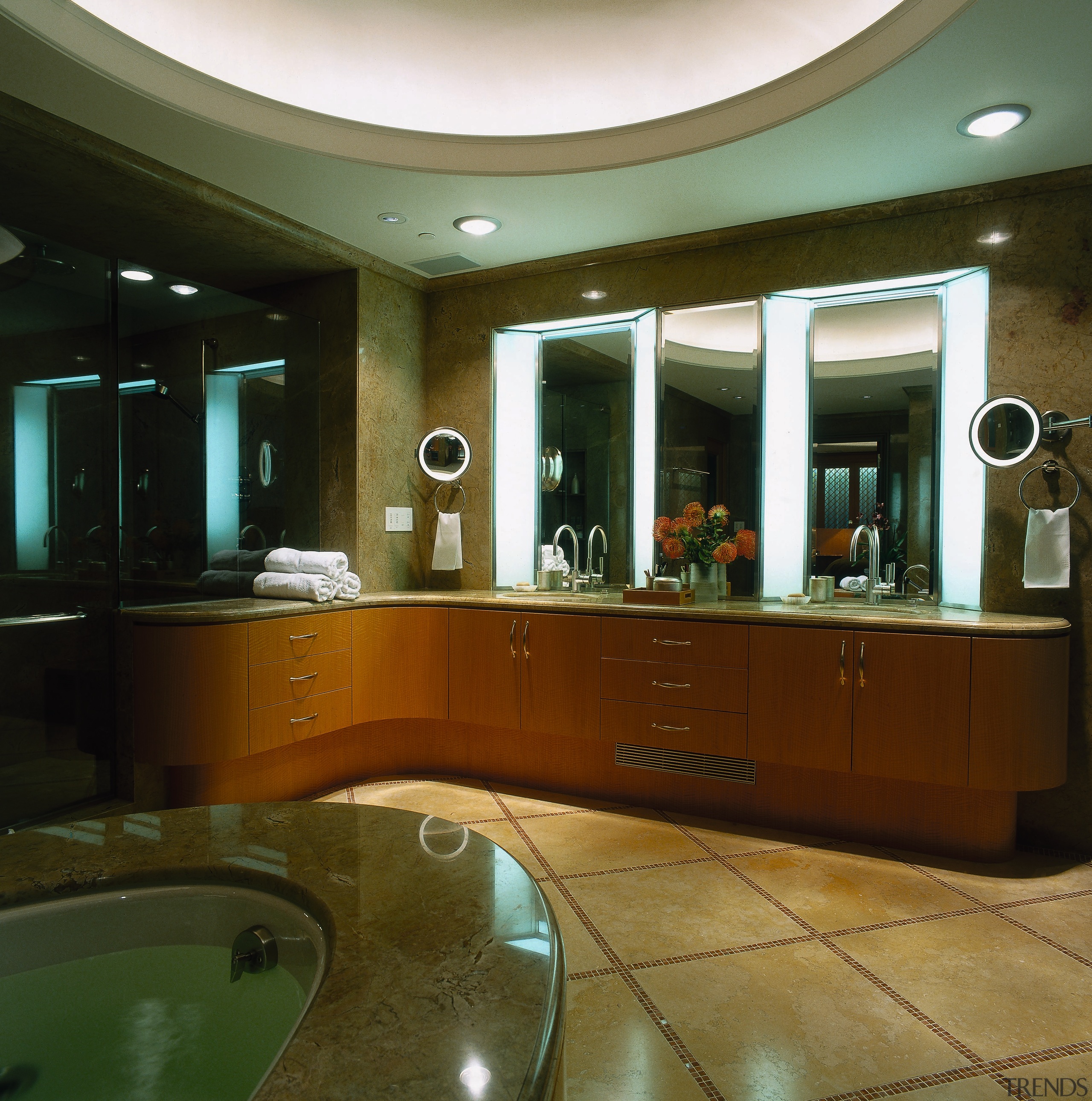 View of this modern bathroom - View of bathroom, ceiling, interior design, lobby, room, brown