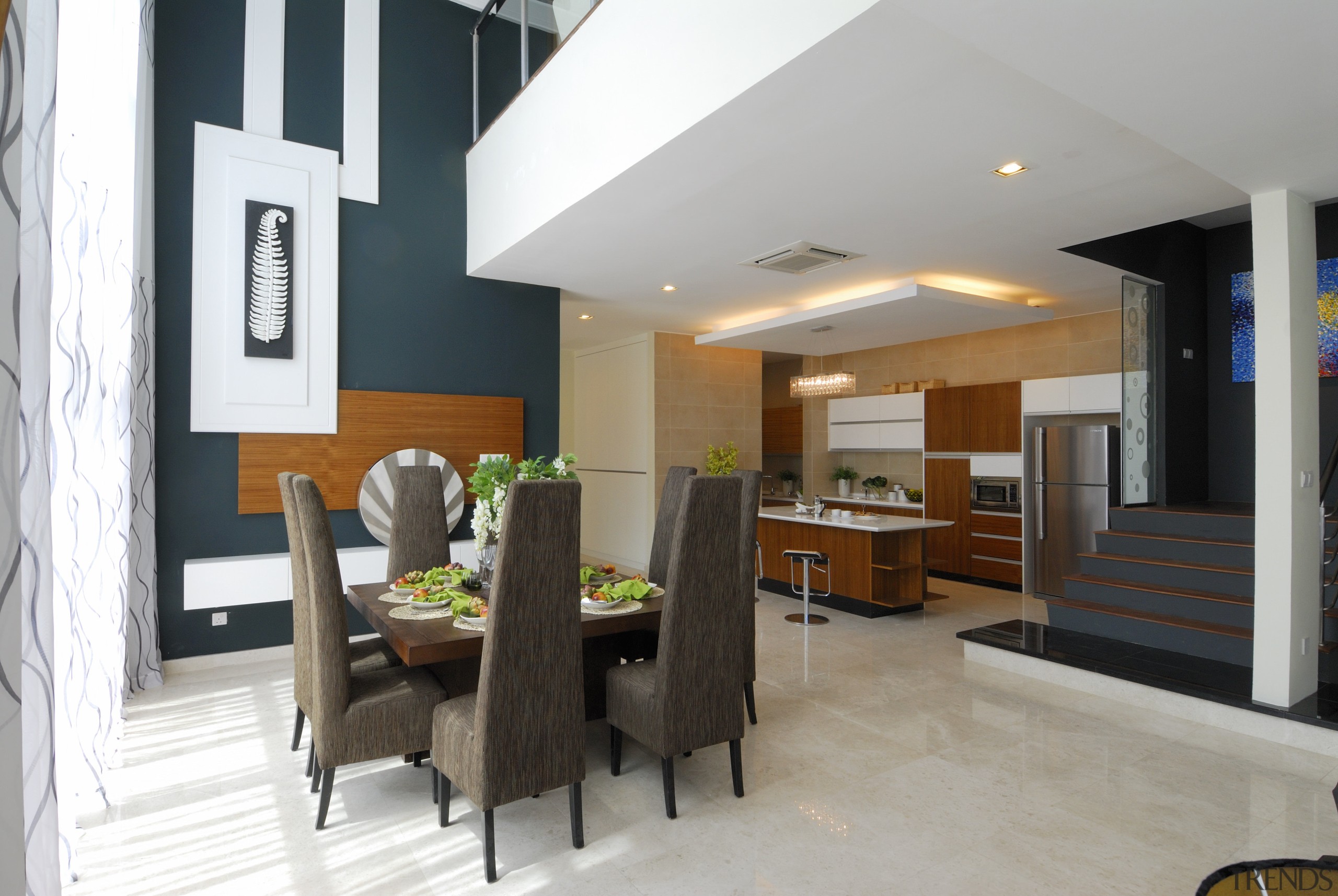 View of the dining room which features dining ceiling, interior design, living room, real estate, room, gray