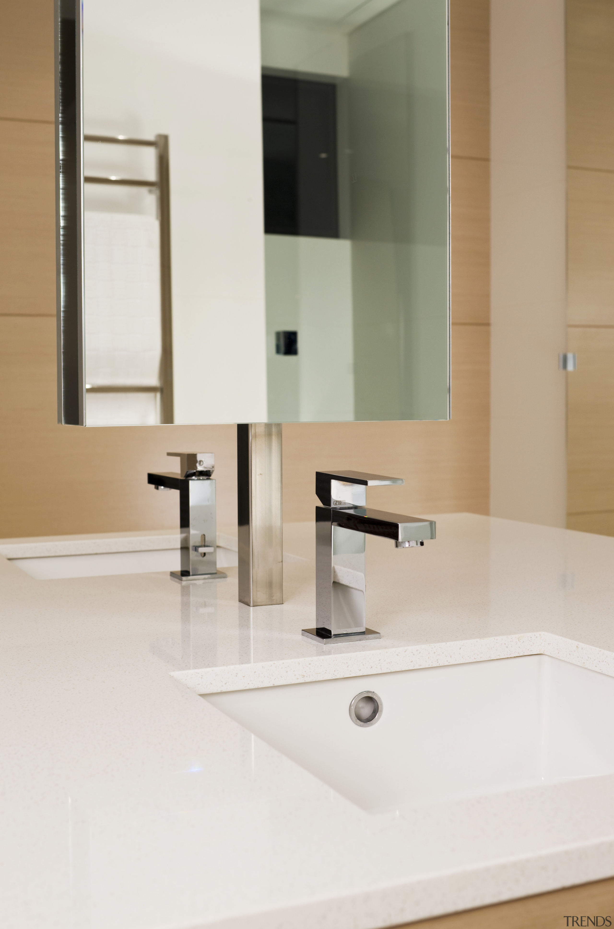 Bathroom, featuring large vanity in the centre of bathroom, bathroom accessory, bathroom cabinet, bathroom sink, floor, glass, interior design, plumbing fixture, product design, sink, tap, white