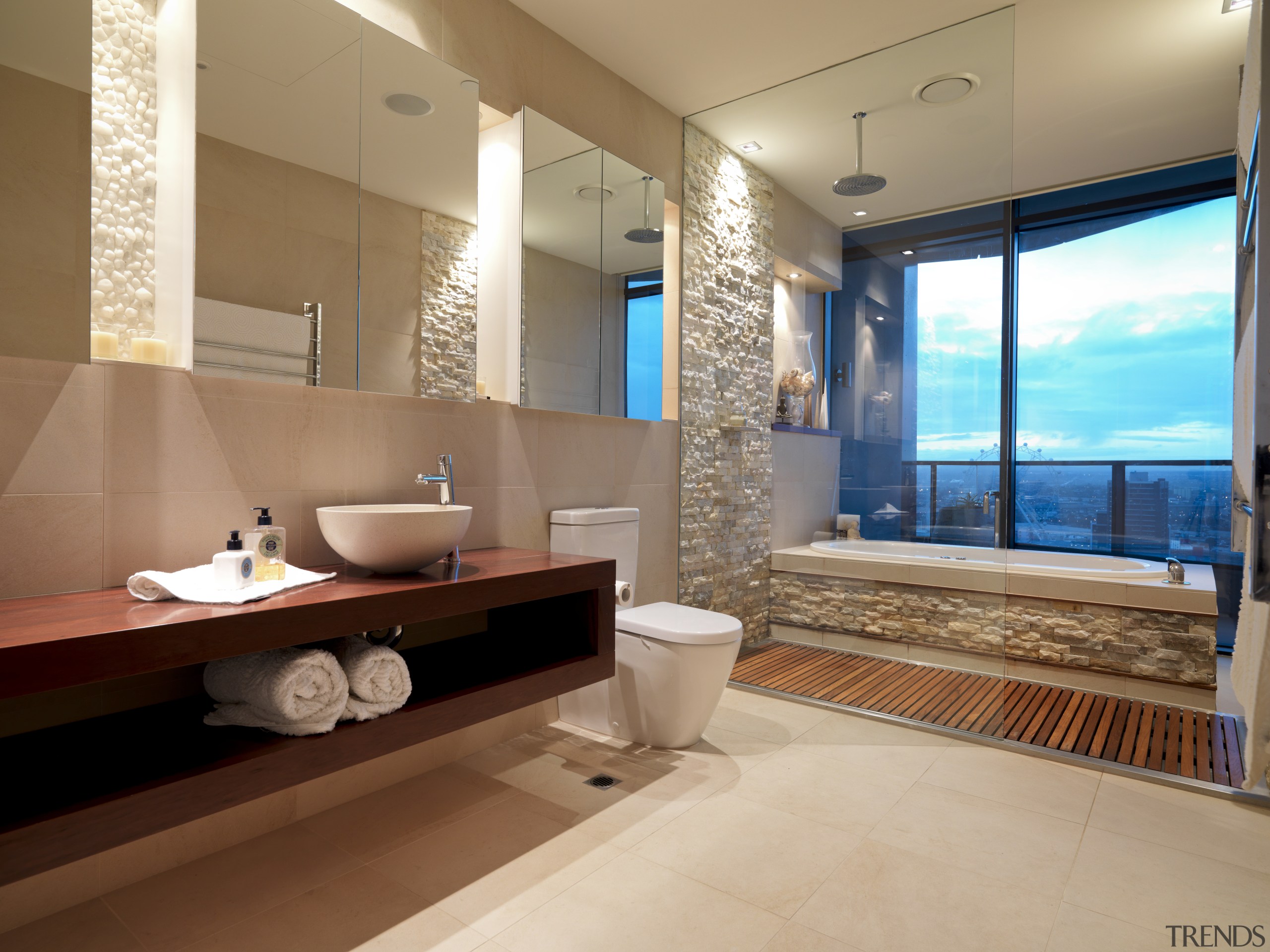 View of en-suite which features a cantilevered vanity architecture, bathroom, estate, home, interior design, real estate, room, brown