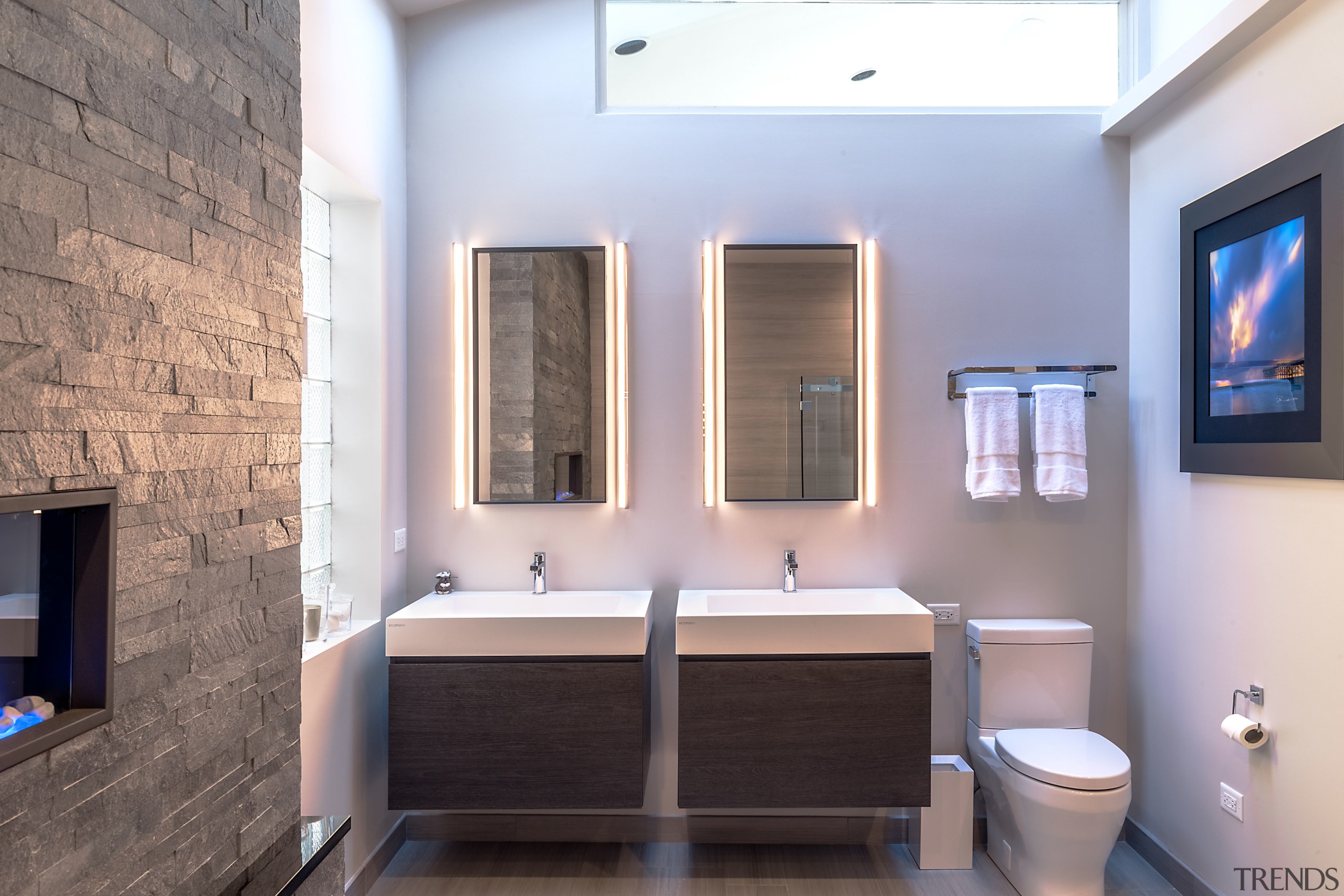 Twin mirrors and twin vanities provide double the bathroom, home, interior design, real estate, room, gray