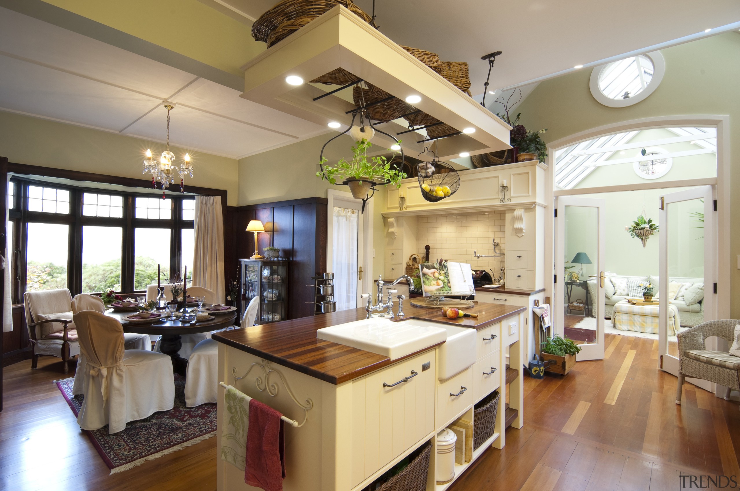 view of kitchen and dining room and out ceiling, countertop, cuisine classique, estate, home, interior design, kitchen, living room, real estate, room, brown