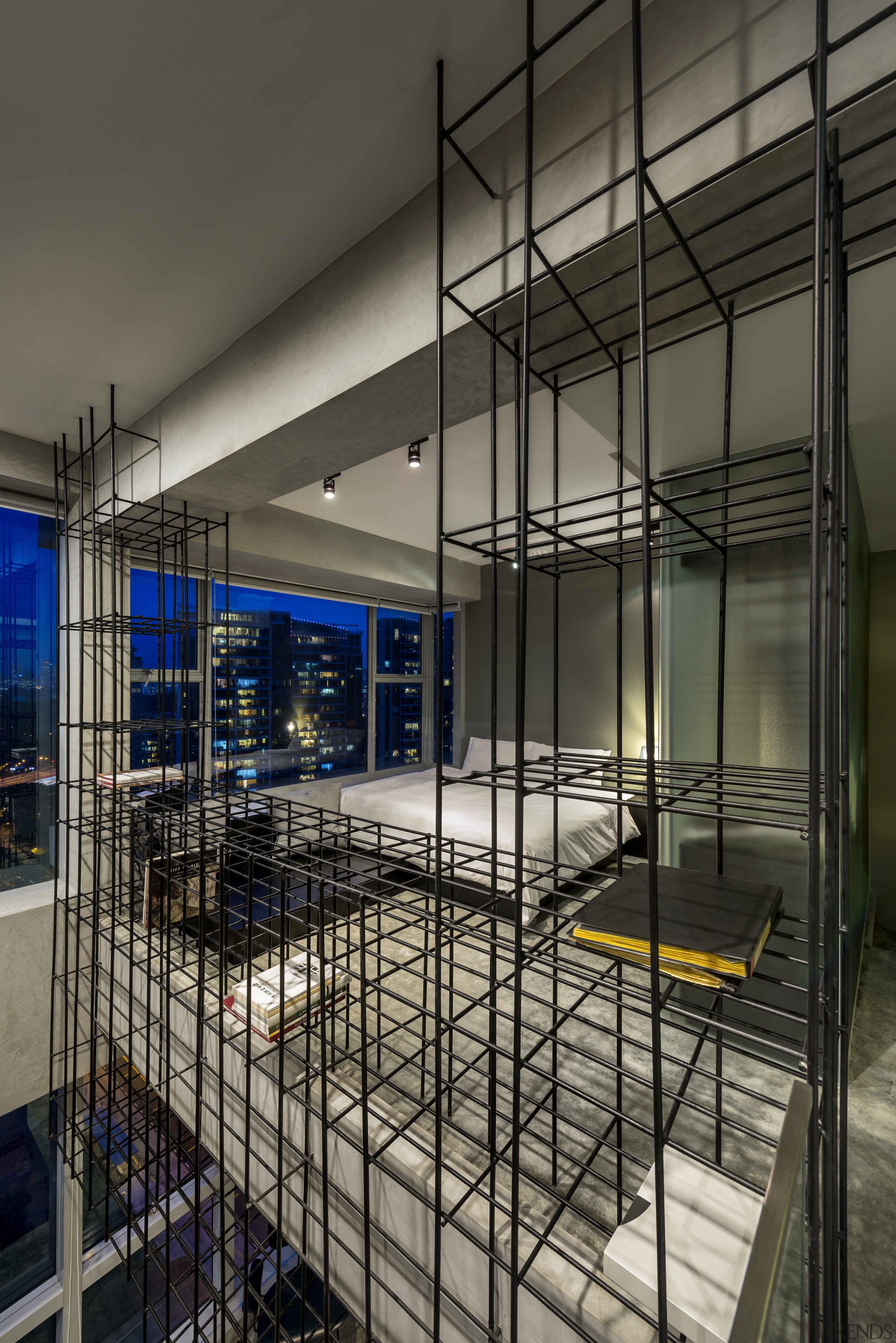 This unit is transformed at night, with views architecture, building, daylighting, glass, interior design, black, gray