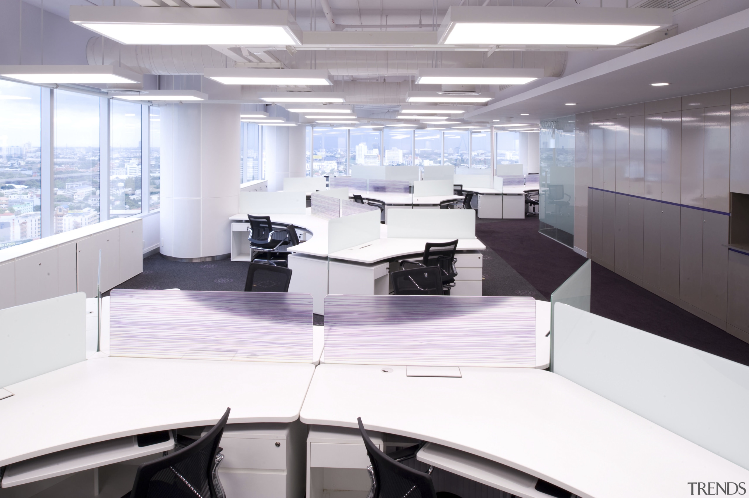 View of desks with dark carpeting. - View interior design, office, product design, white