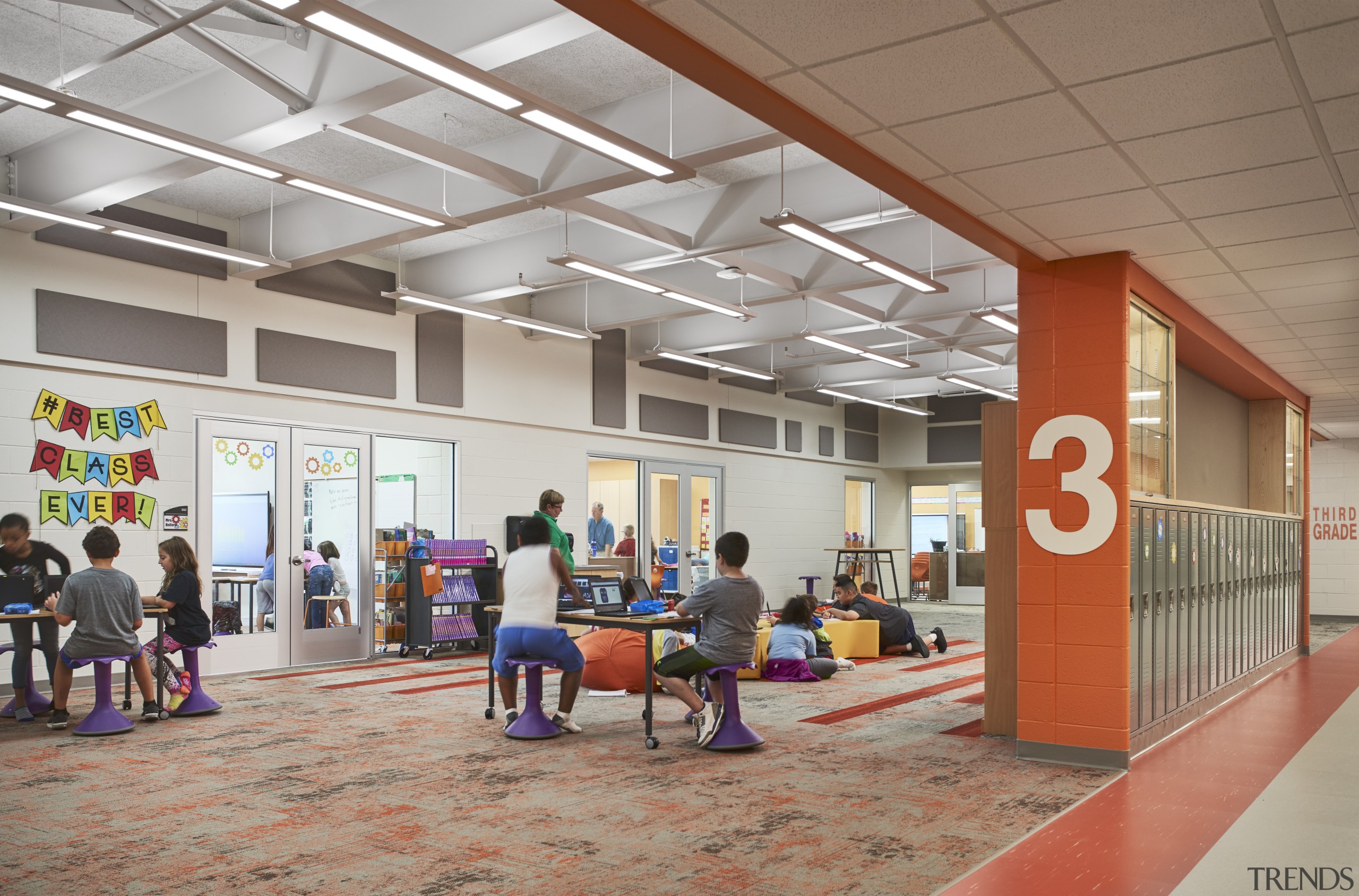 Vibrant colours and well-connected learning spaces help the gray, brown