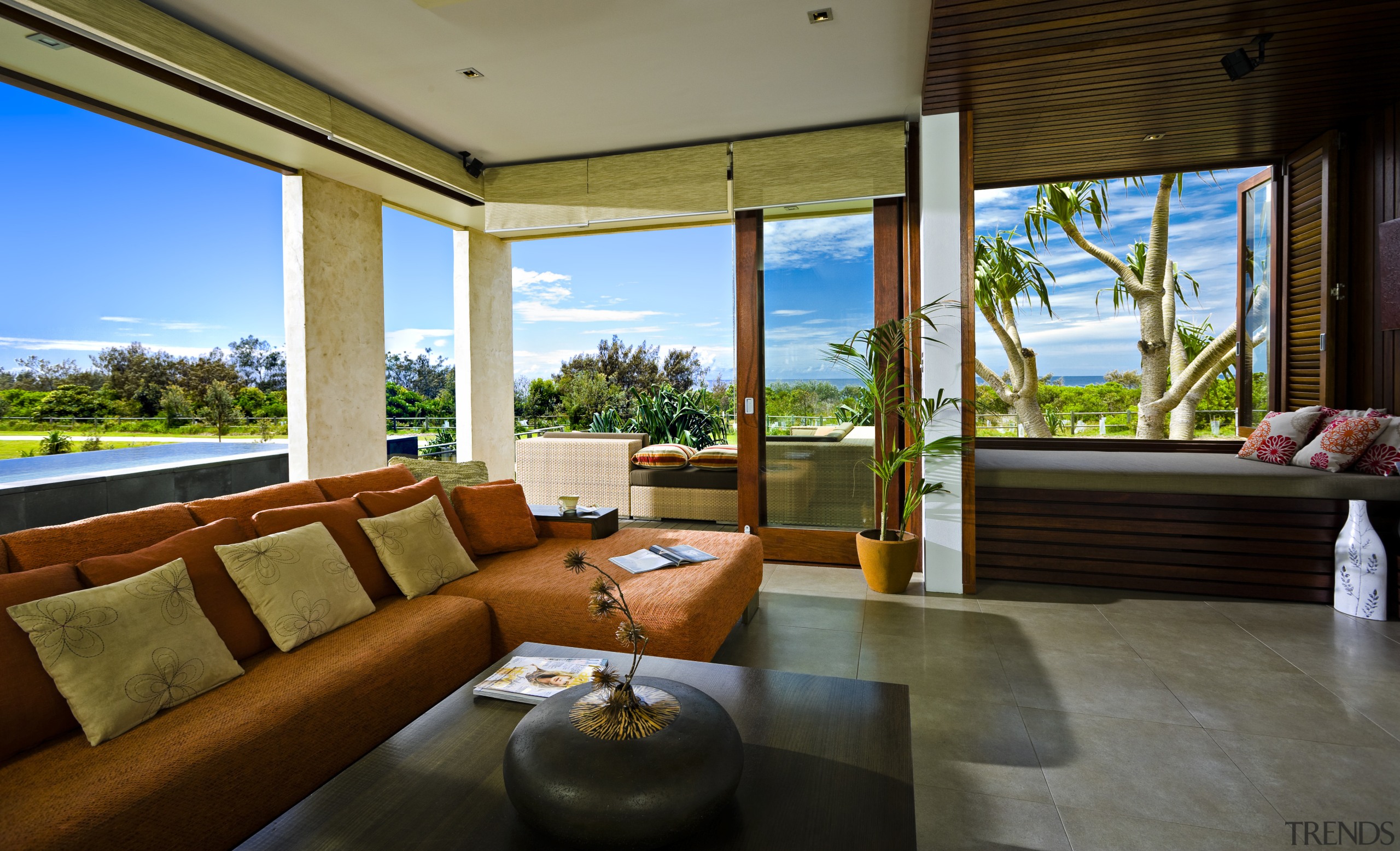 View of living area with doors and windows, estate, interior design, living room, property, real estate, resort, villa, window, brown