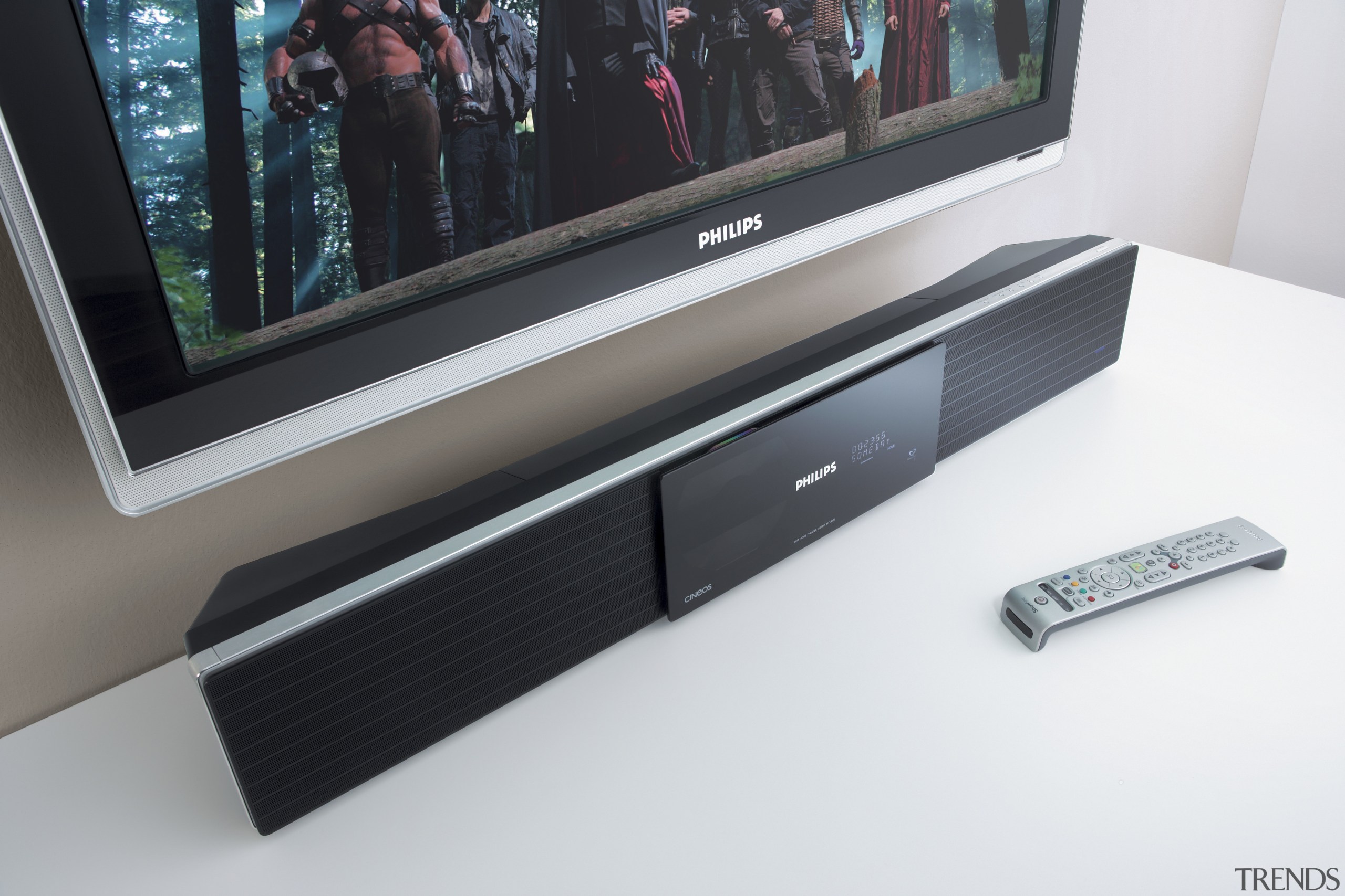 A view a home theatre system from Phillips display device, electronics, flat panel display, furniture, product, product design, technology, white, black