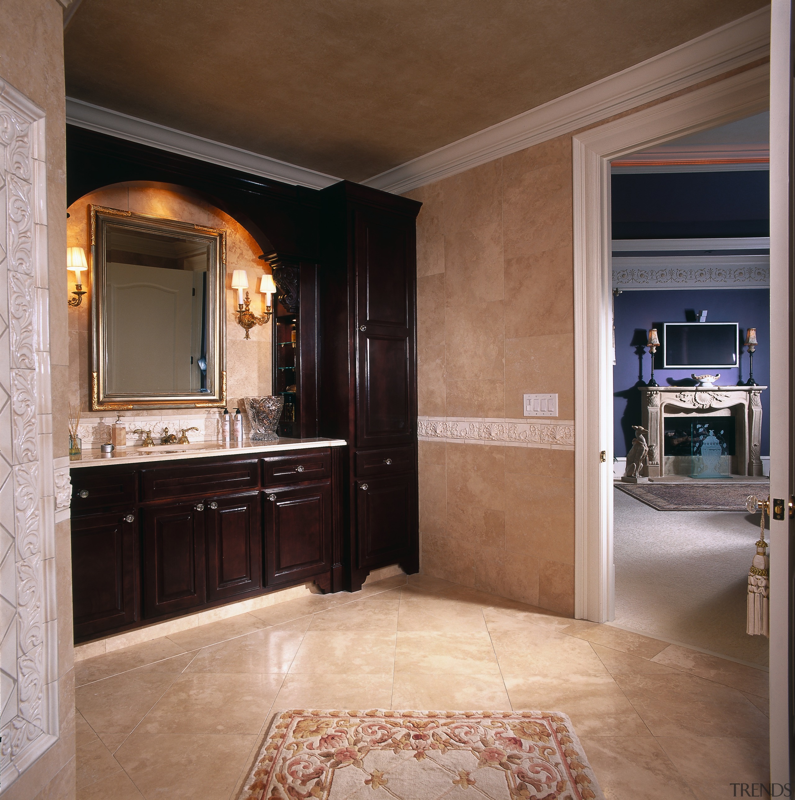 his vanity is distinguished from her vanity by cabinetry, ceiling, countertop, floor, flooring, interior design, room, wood flooring, brown, black