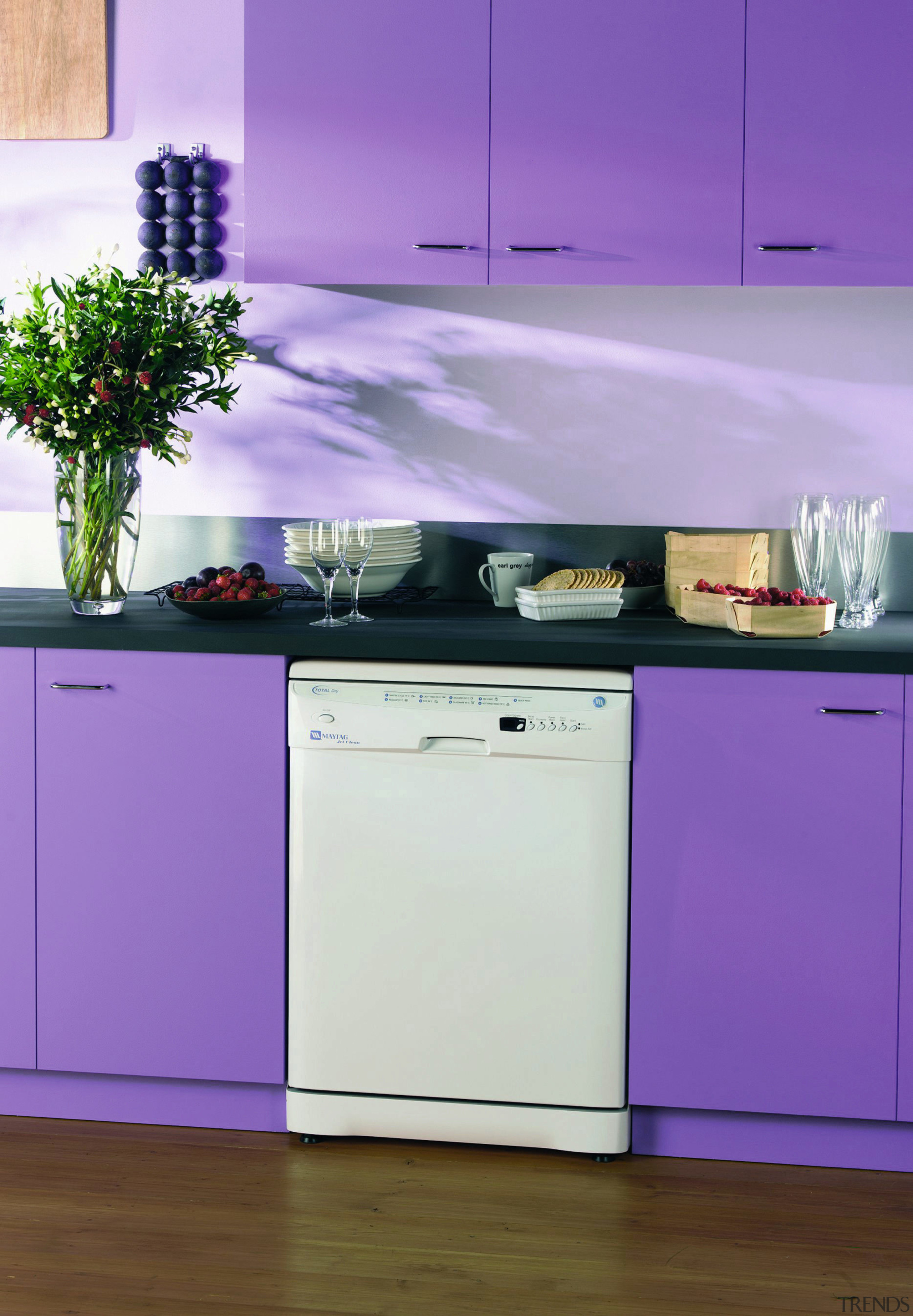 Kitchen with blue coloured cabinetry, and  white countertop, home appliance, kitchen, kitchen appliance, major appliance, product, product design, purple, refrigerator, purple