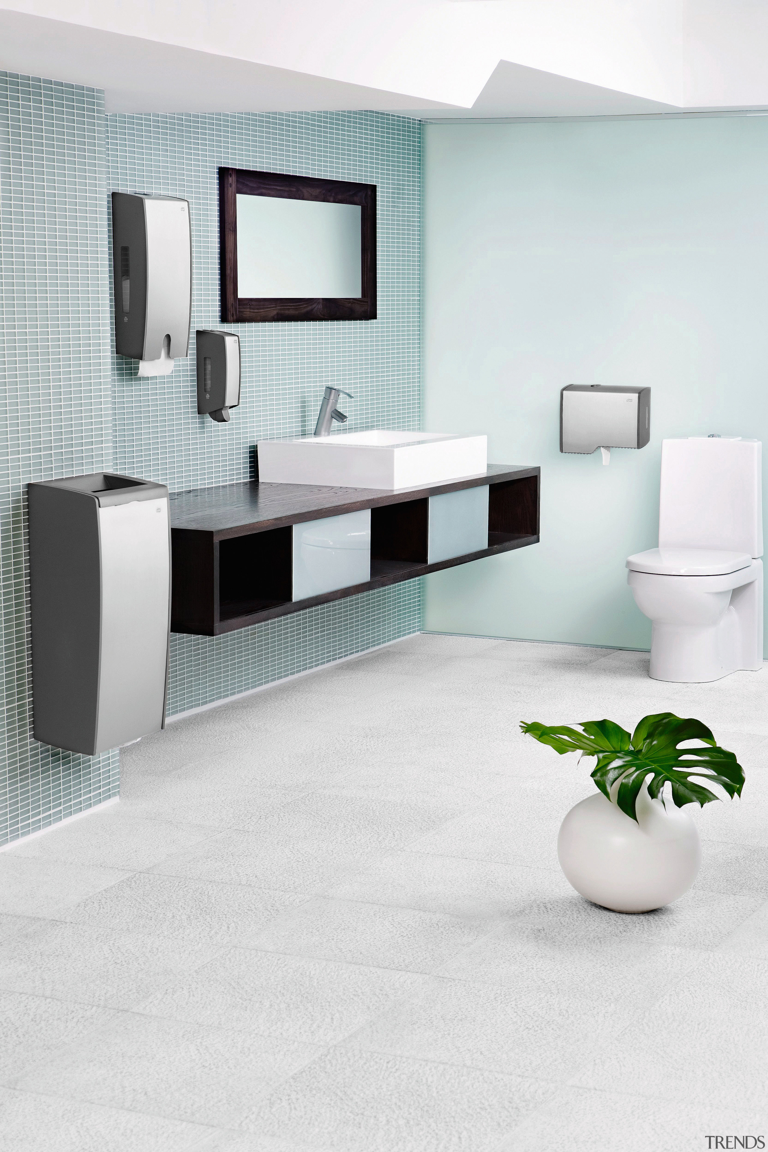 A view of this bathroom featuring brushed aluminium angle, bathroom, bathroom accessory, bathroom cabinet, floor, furniture, interior design, product, product design, table, tap, white