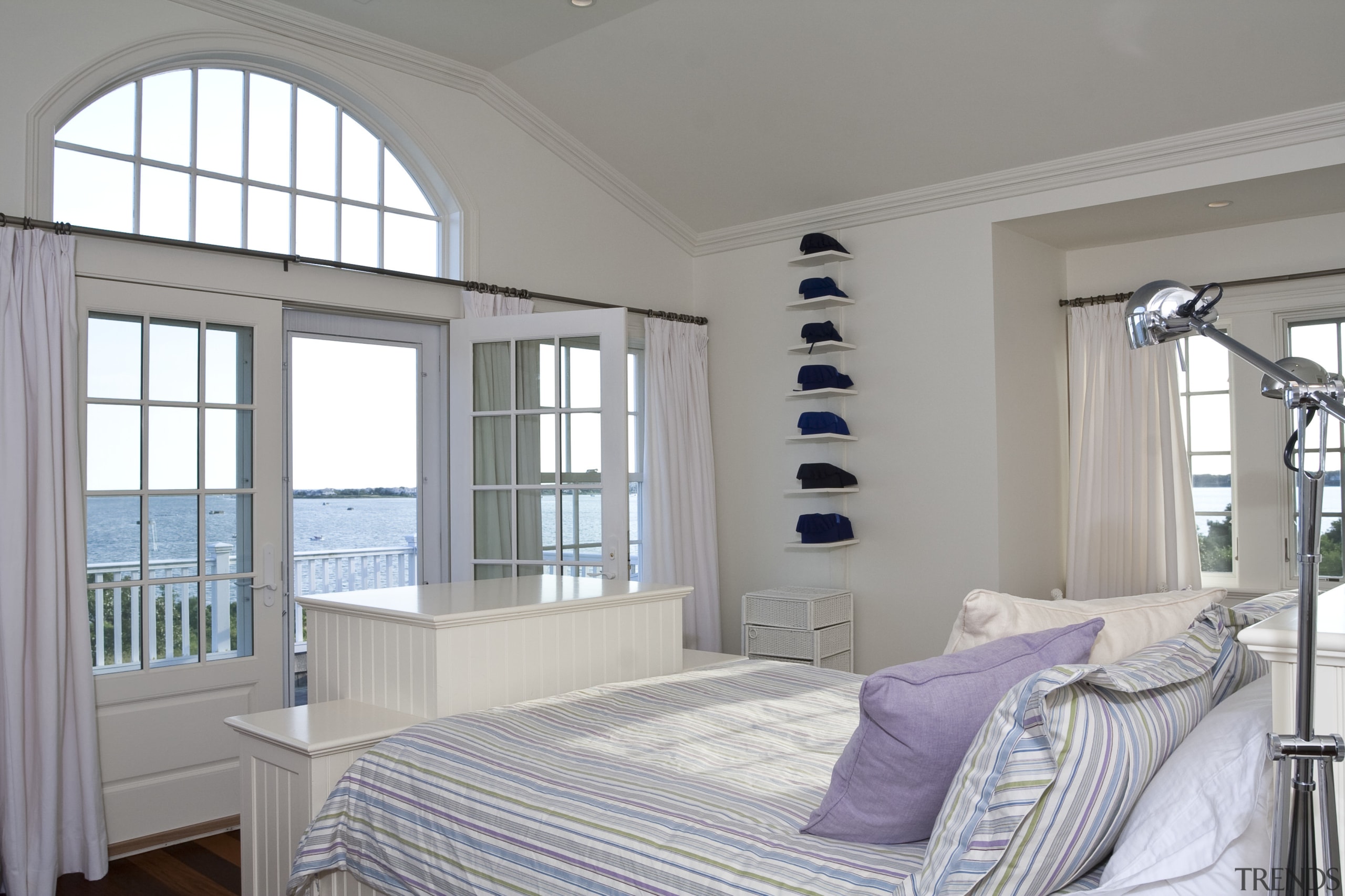 View of bedroom featuring wooden floors, white painted bedroom, ceiling, daylighting, estate, home, interior design, property, real estate, room, window, window covering, window treatment, gray