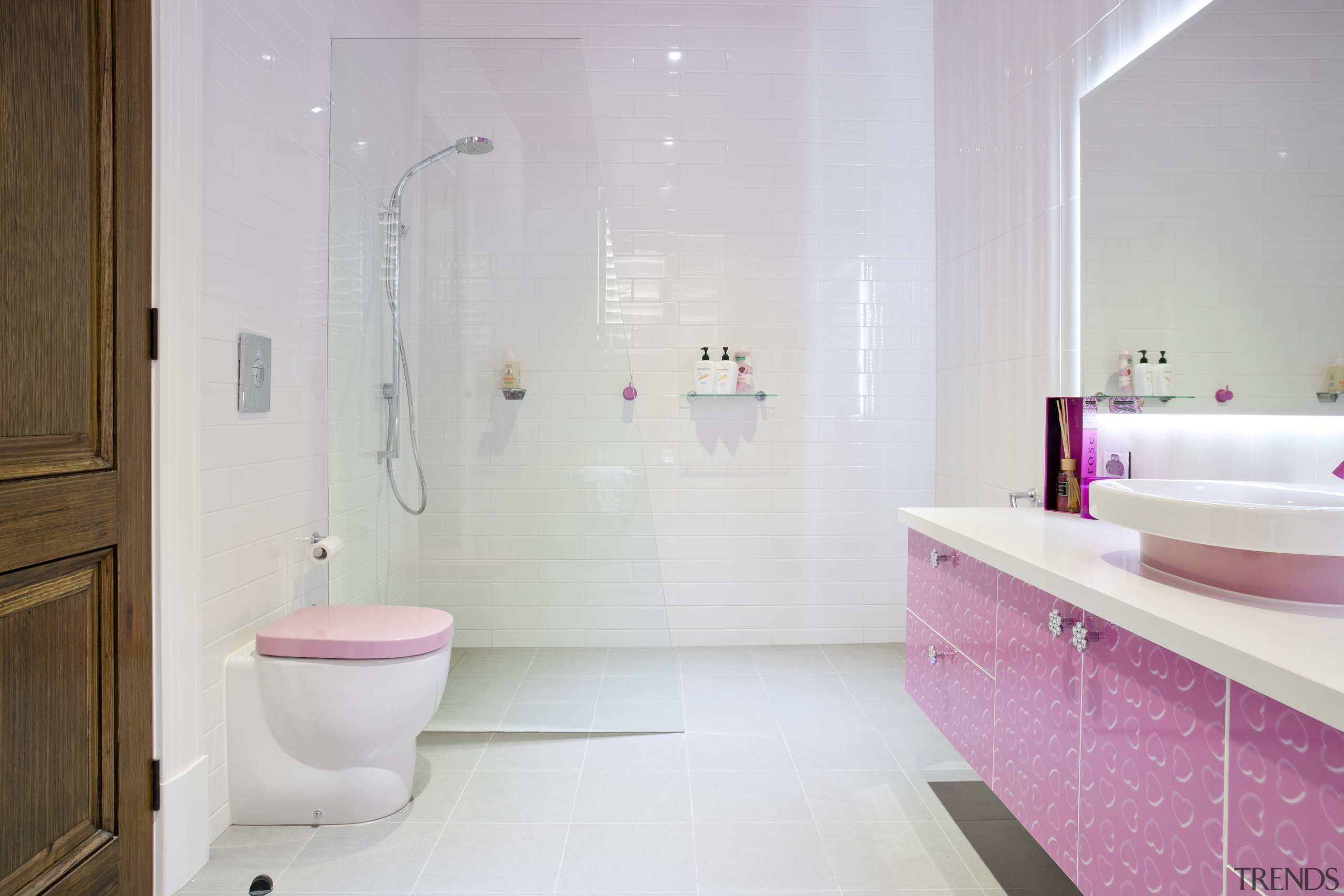 Girl's pink bathroom - Girl's pink bathroom - bathroom, floor, interior design, plumbing fixture, product design, property, purple, room, tile, white, gray