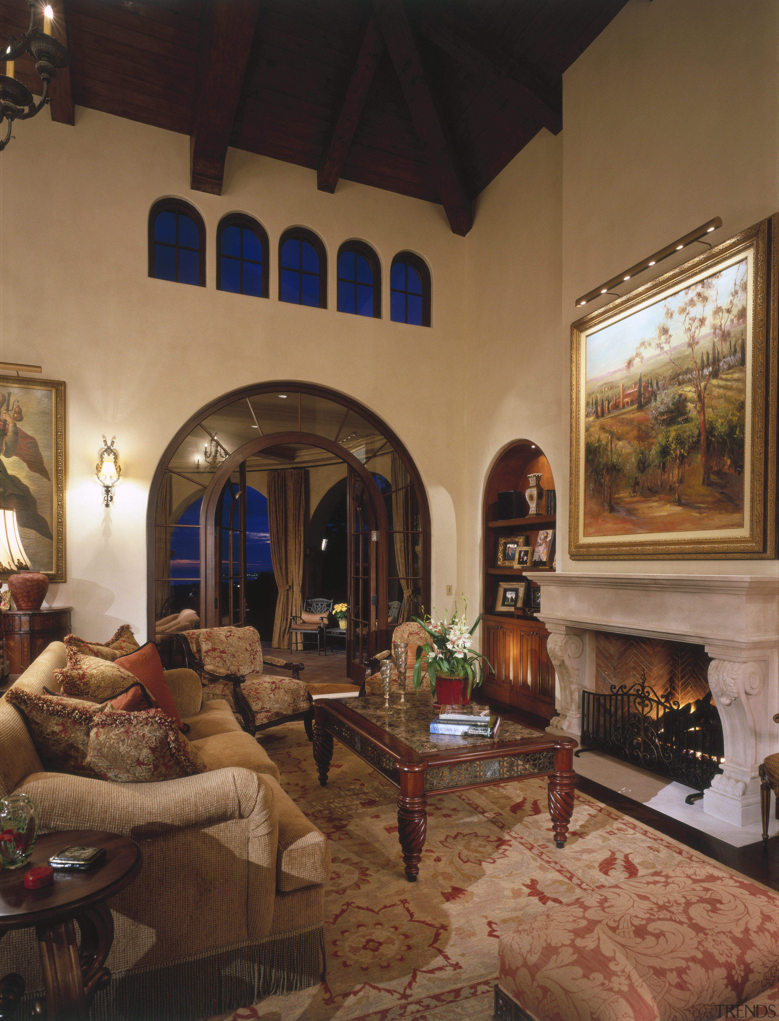 A view of the living area featuring covered ceiling, estate, hacienda, hearth, home, interior design, living room, real estate, room, brown, black