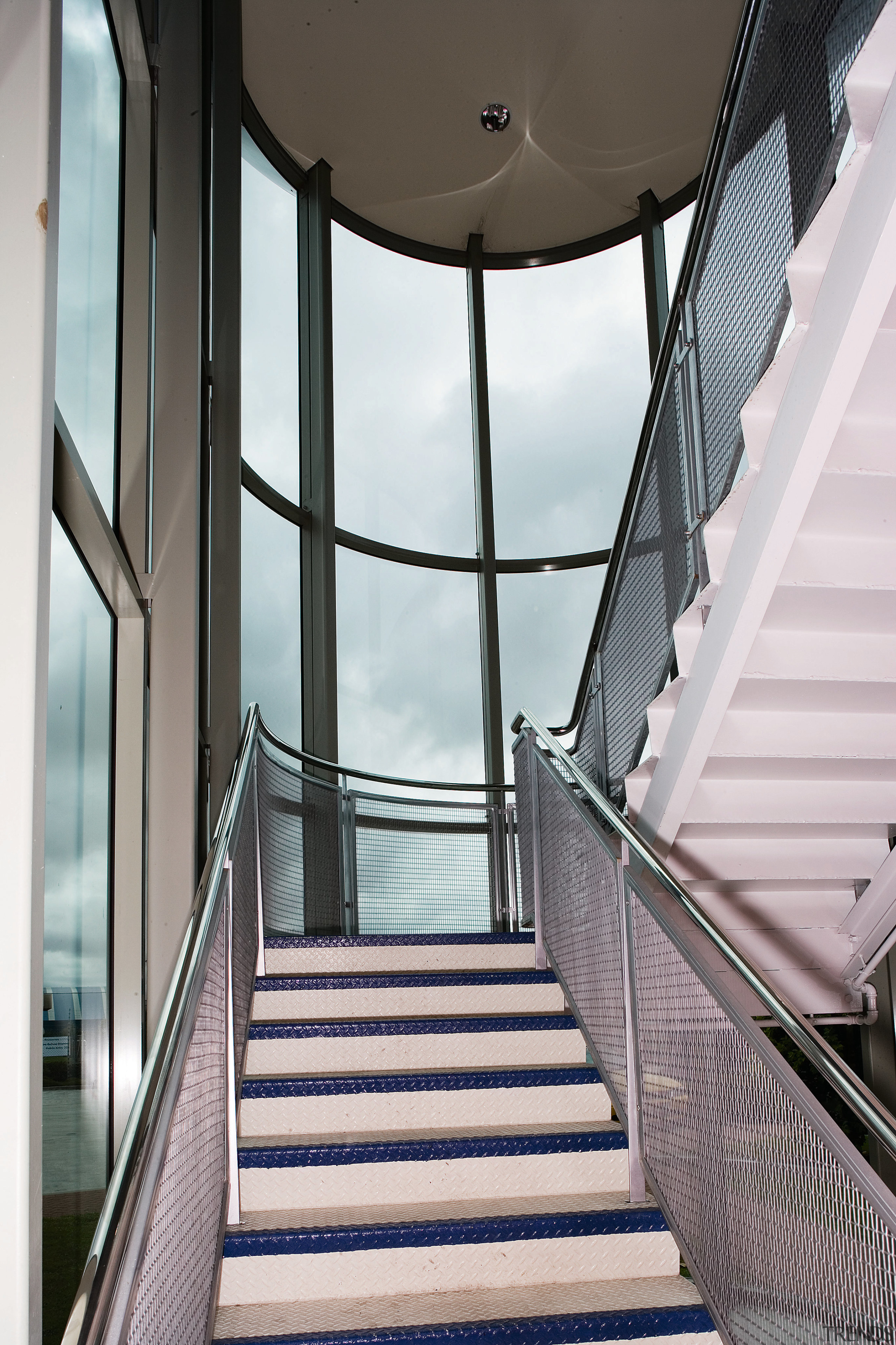 Interior view of the glass atrium from the architecture, building, daylighting, glass, handrail, line, stairs, structure, window, gray, white