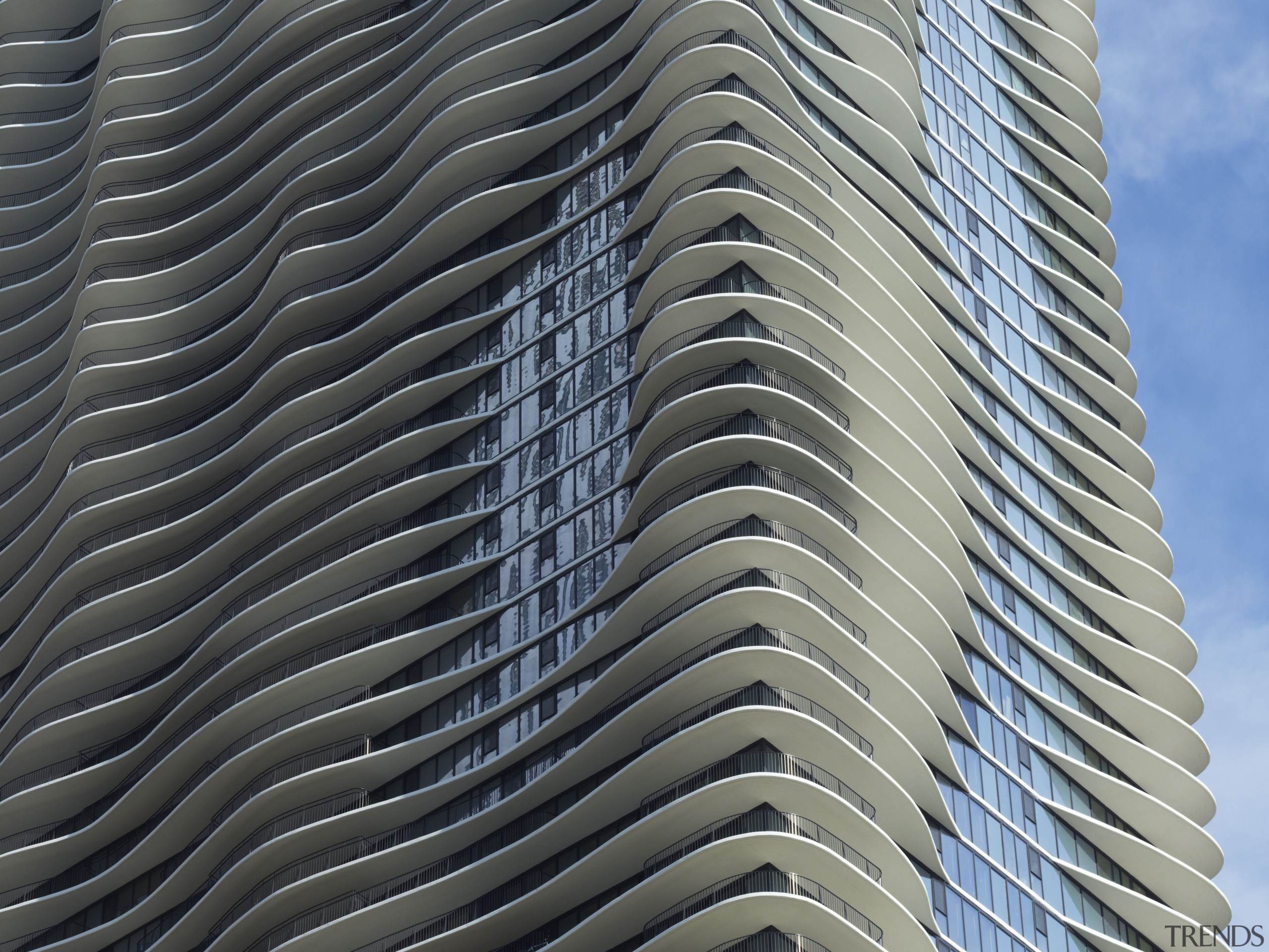 Exterior view of the Aqua Tower in Chicago angle, architecture, building, condominium, daytime, facade, line, metropolis, sky, skyscraper, structure, symmetry, tower block, black, gray