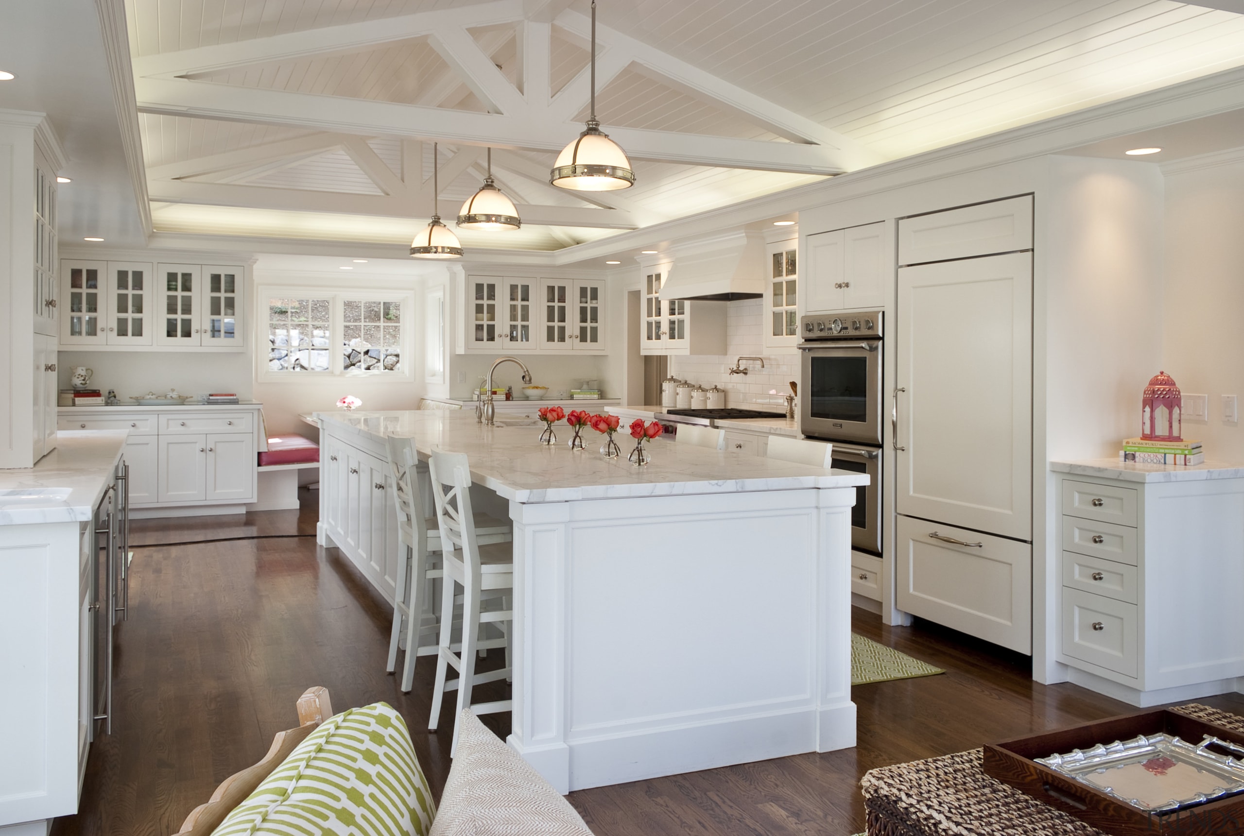 Corner pilasters give the island in this kitchen cabinetry, ceiling, countertop, cuisine classique, home, interior design, kitchen, real estate, room, gray