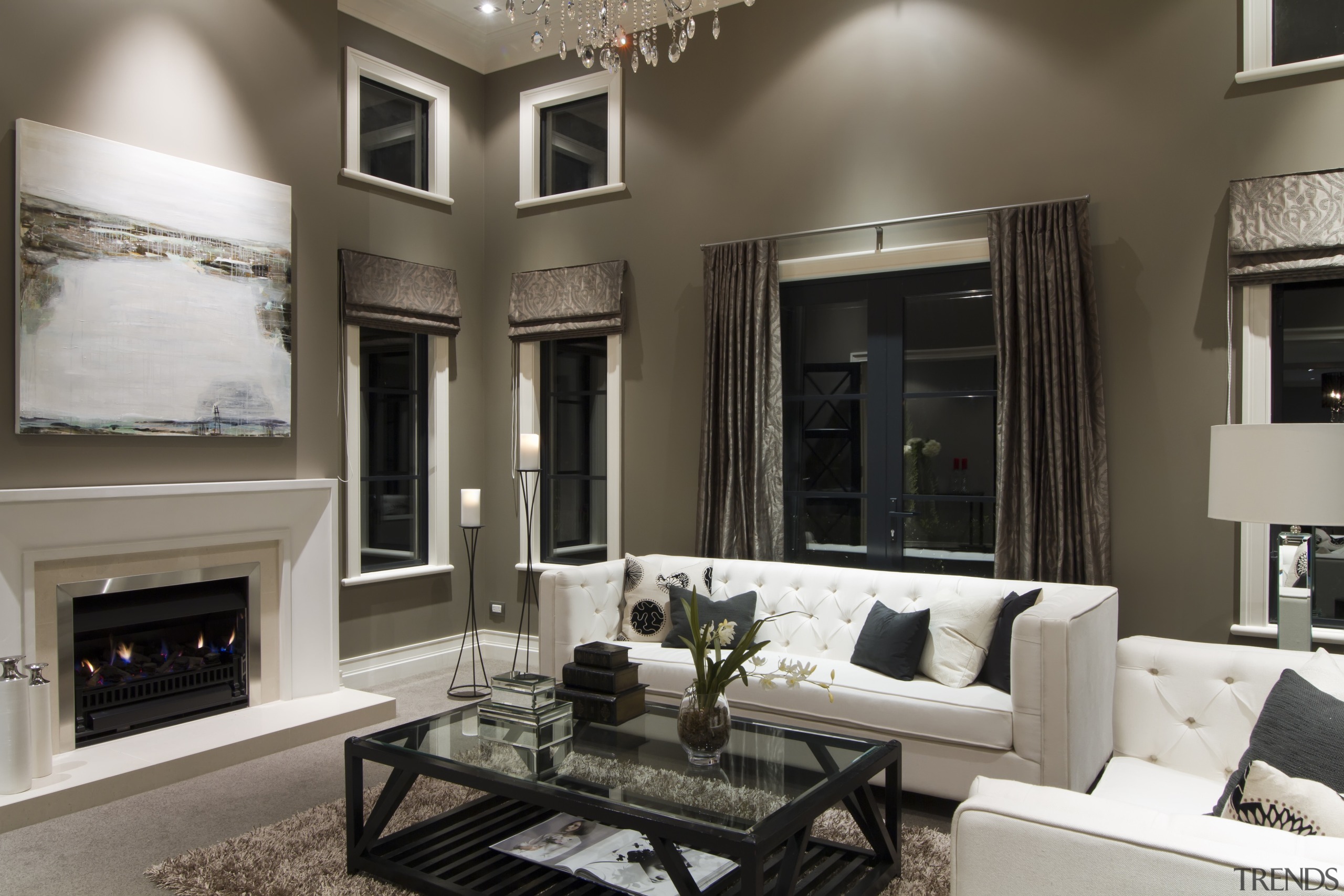 Lounge with white couches and black coffee table ceiling, home, interior design, living room, room, window, gray, black