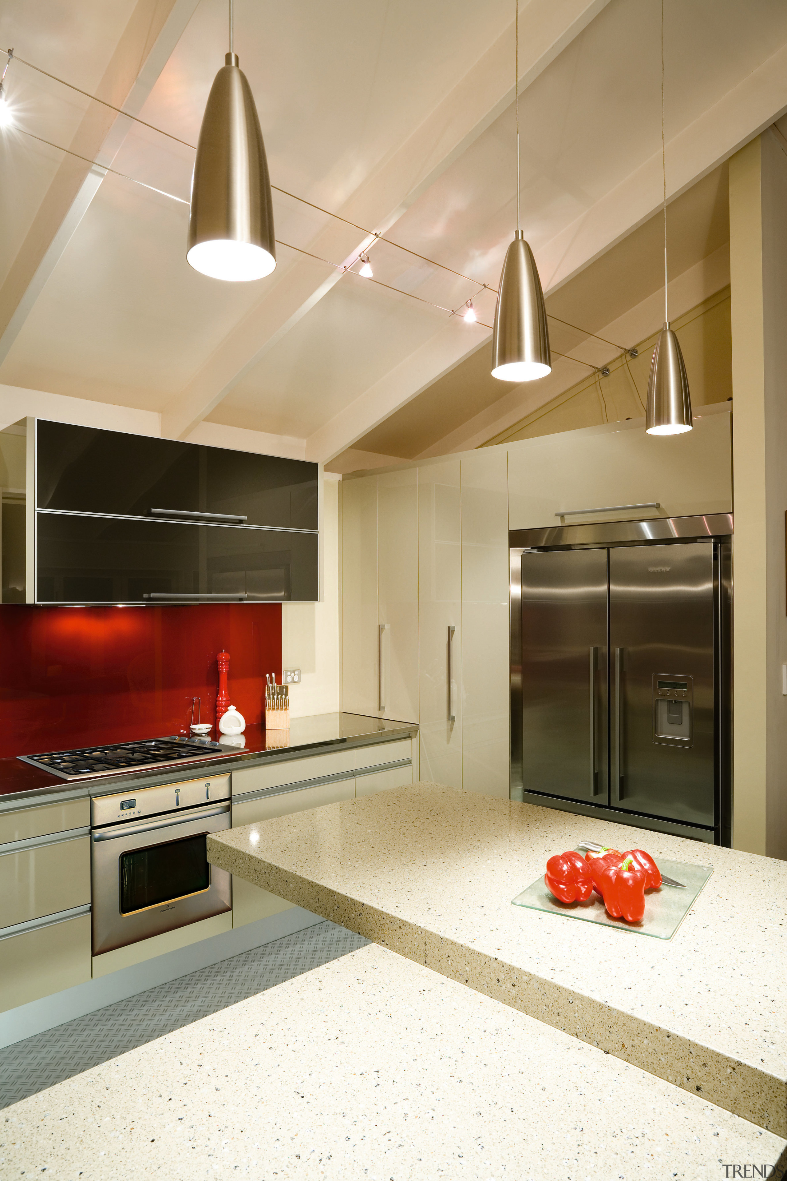 A view of this kitchen featuring quarell and cabinetry, ceiling, countertop, floor, interior design, kitchen, real estate, room, orange, brown