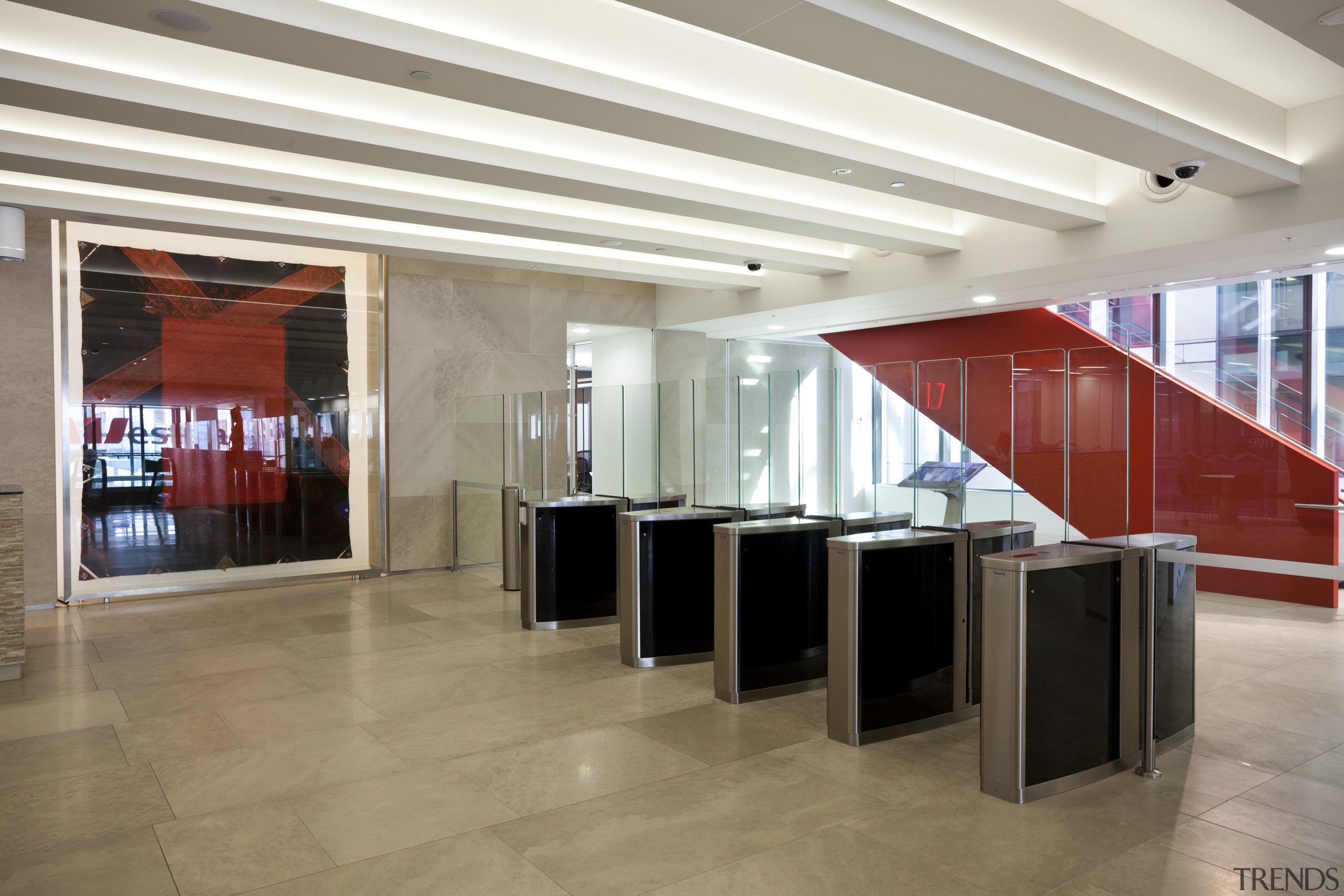 View of security systems in the NZI centre. ceiling, floor, flooring, interior design, lobby, real estate, white, brown