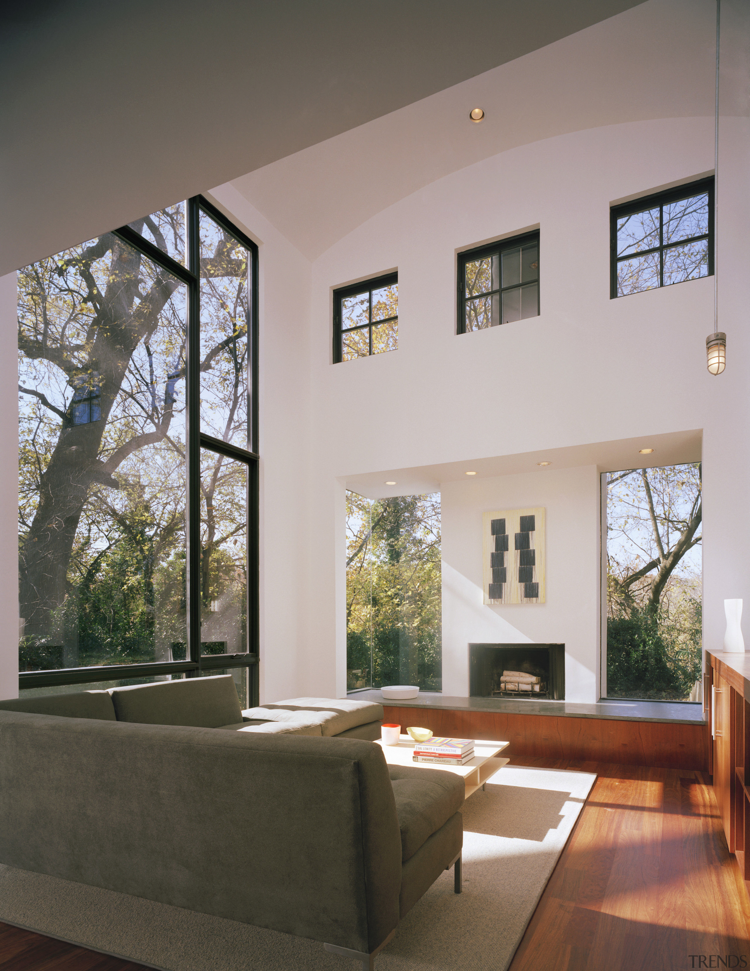 Small, single-use rooms were opened up into one architecture, ceiling, daylighting, estate, home, house, interior design, living room, real estate, wall, window, gray