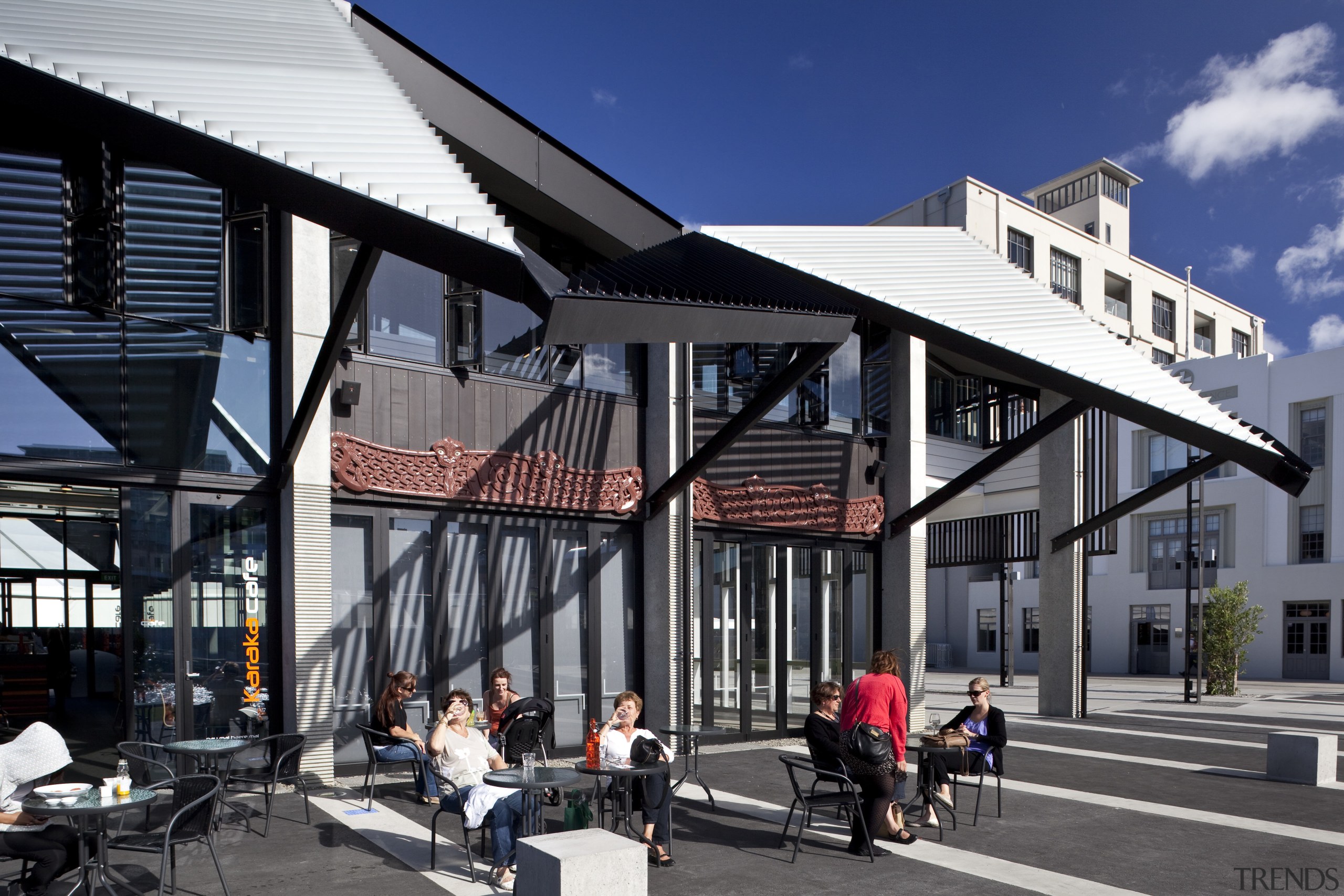 View of folded roof and canopy design at architecture, building, facade, house, mixed use, black