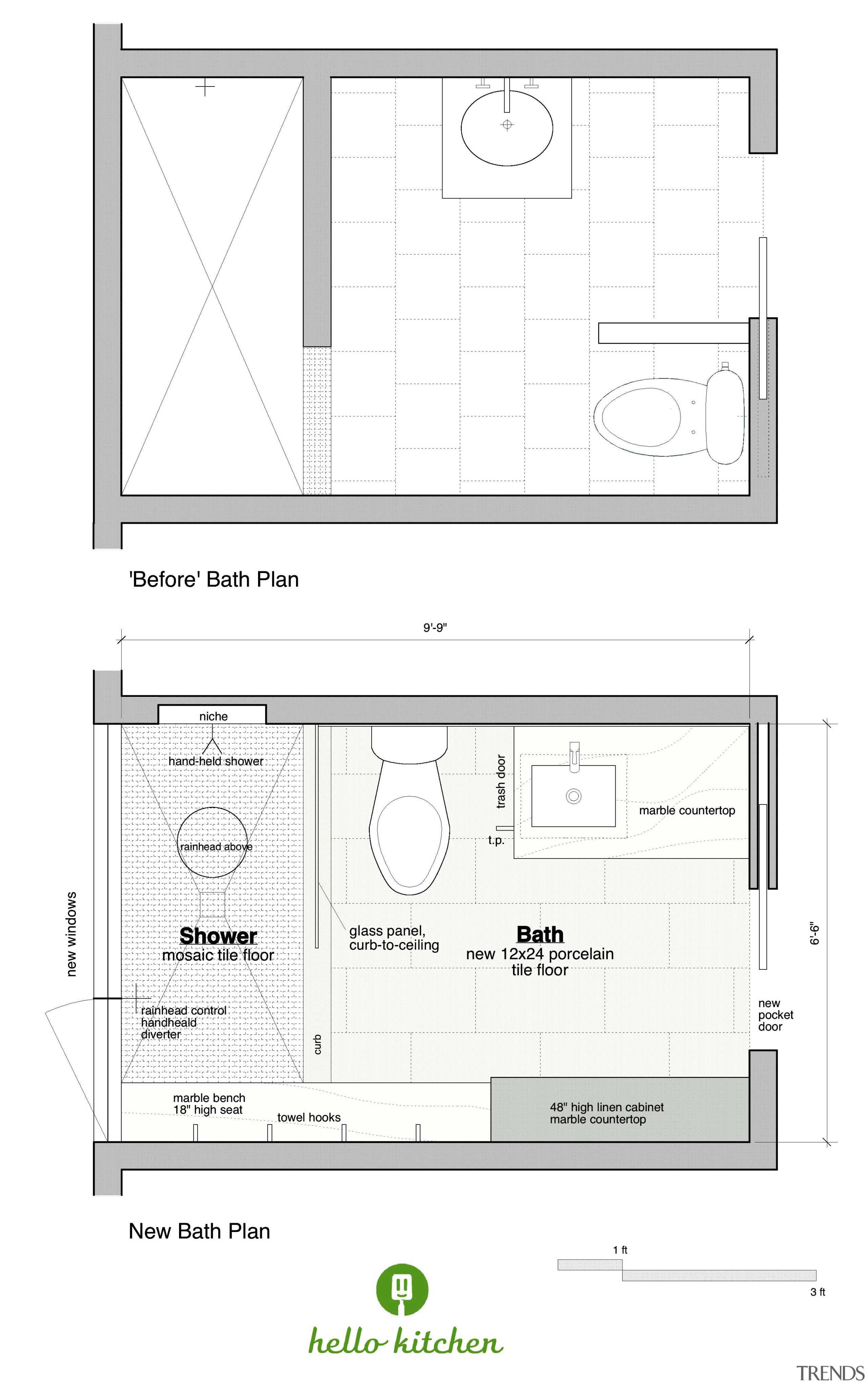 Before and after plans. Although the shower is area, design, diagram, drawing, floor plan, line, plan, product, product design, text, white