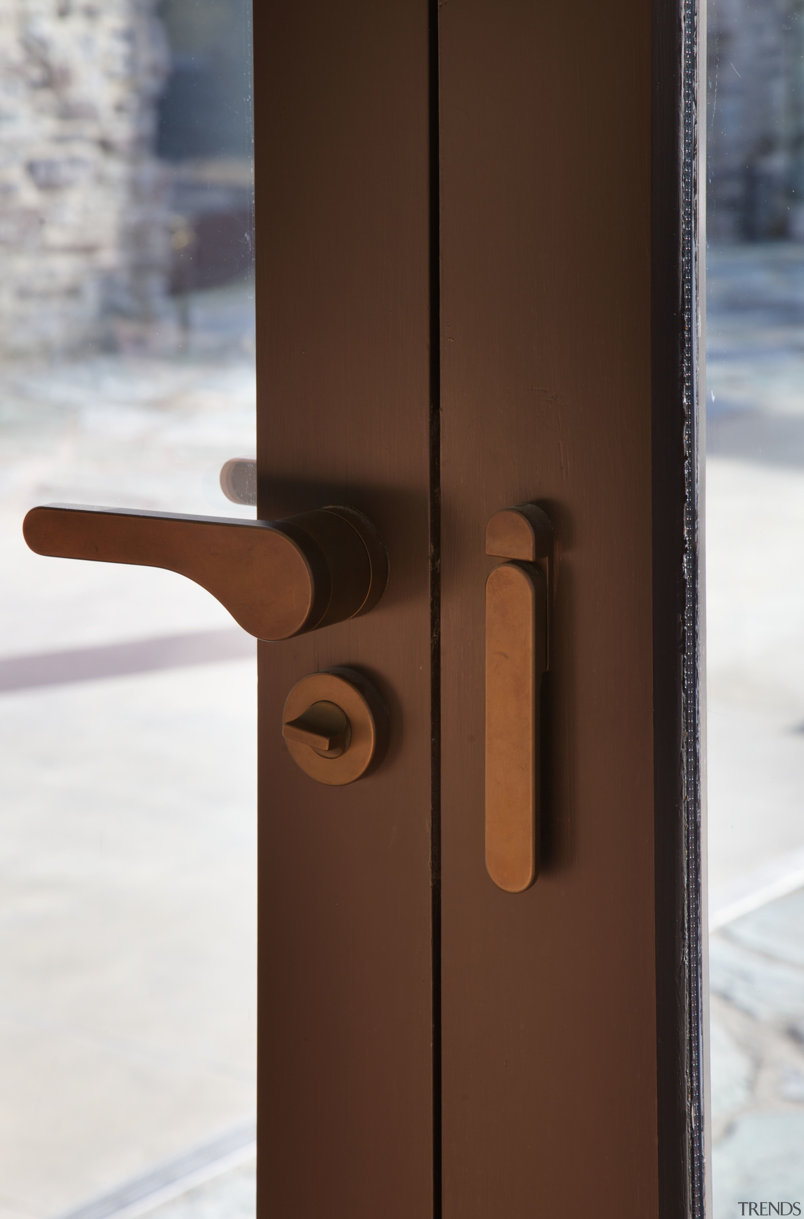 This French door handle in weathered bronze dark product design, wood, brown, white