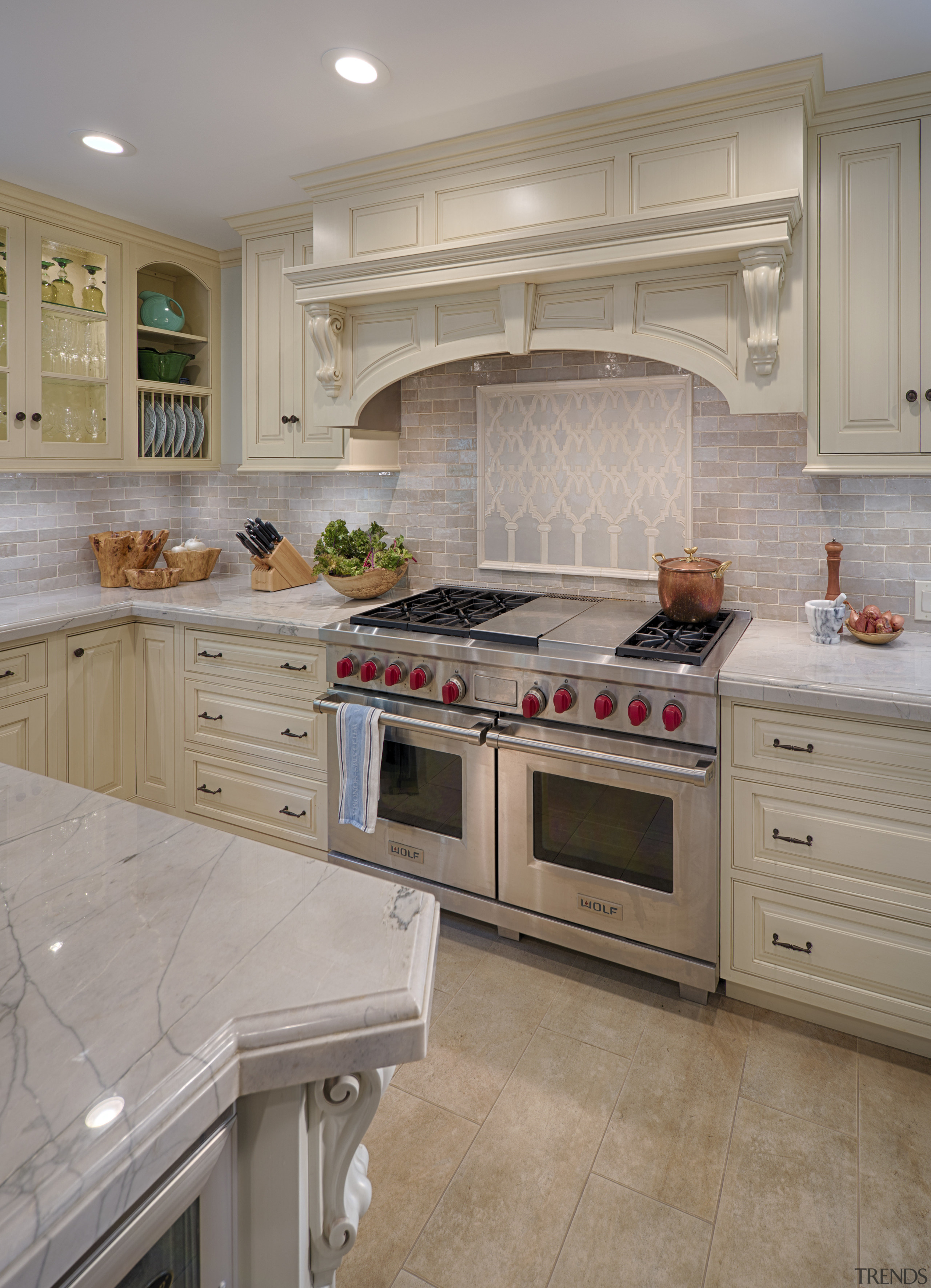 Kitchen by Lisa Steinbach Schecter - Kitchen by cabinetry, countertop, cuisine classique, floor, flooring, hardwood, home appliance, interior design, kitchen, kitchen appliance, kitchen stove, room, tile, wood flooring, gray, brown