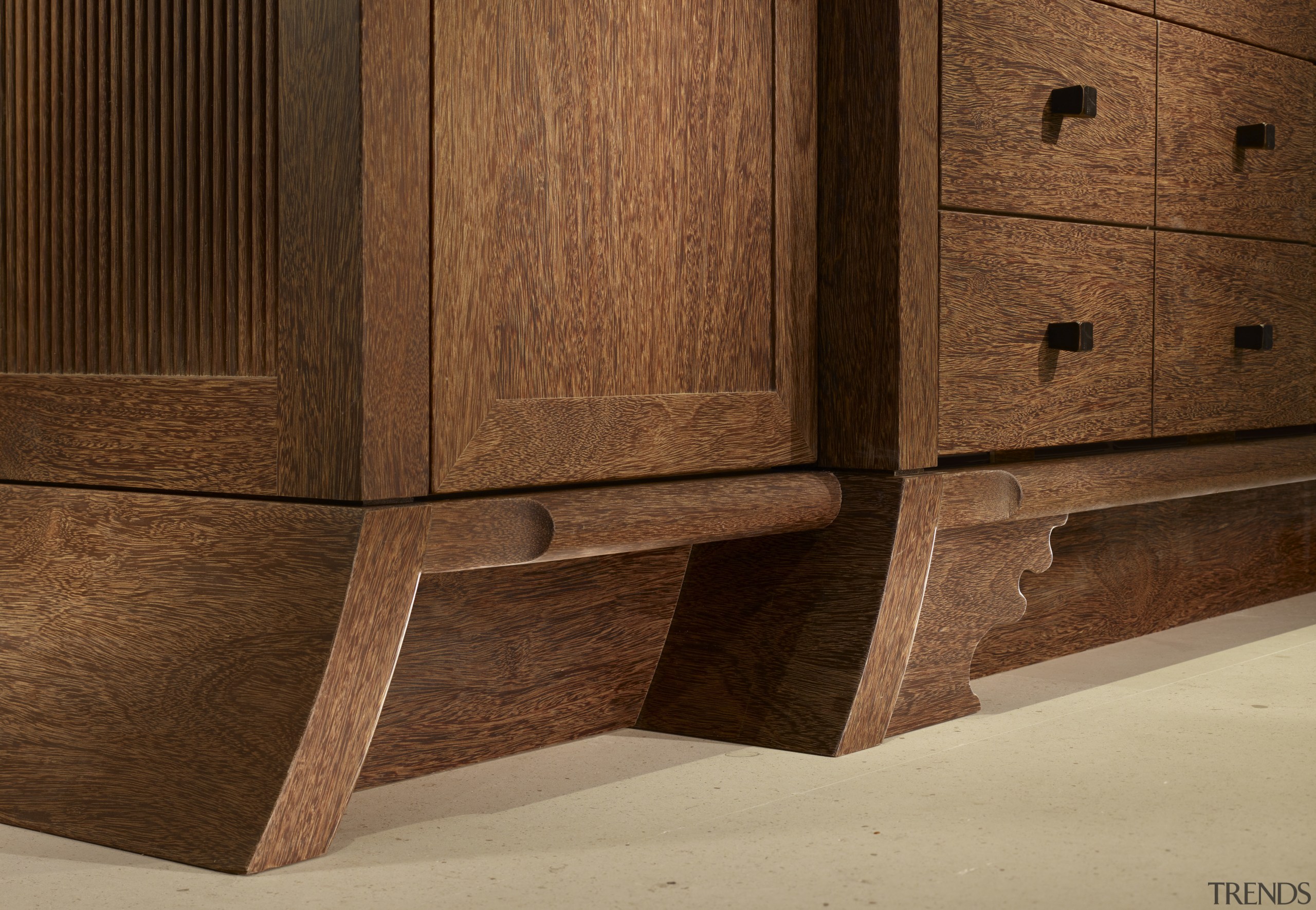 View of a custom refrigerator cabinetry. - View chest of drawers, drawer, floor, flooring, furniture, hardwood, plywood, product design, sideboard, wood, wood stain, brown