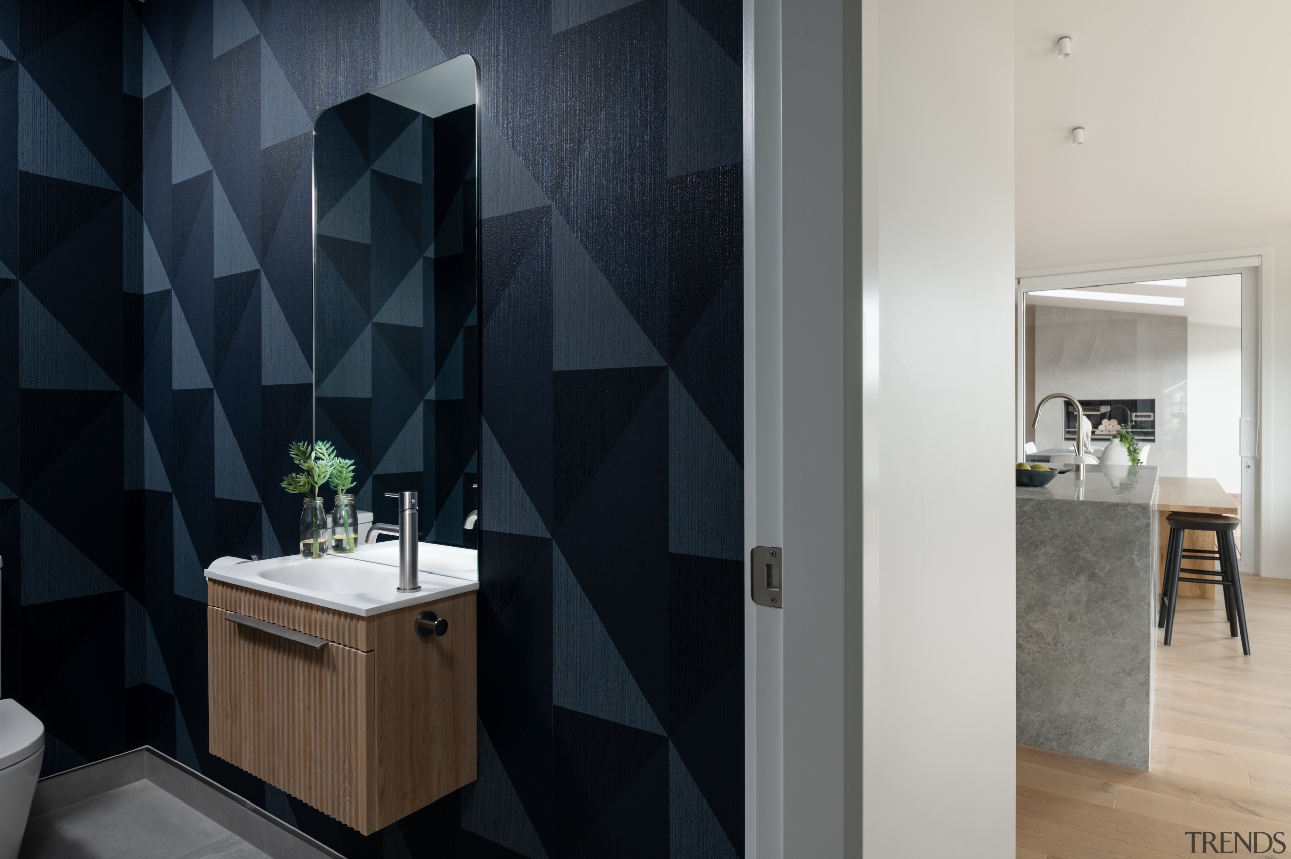 In the powder room, Shabby Bianco porcelain tile 