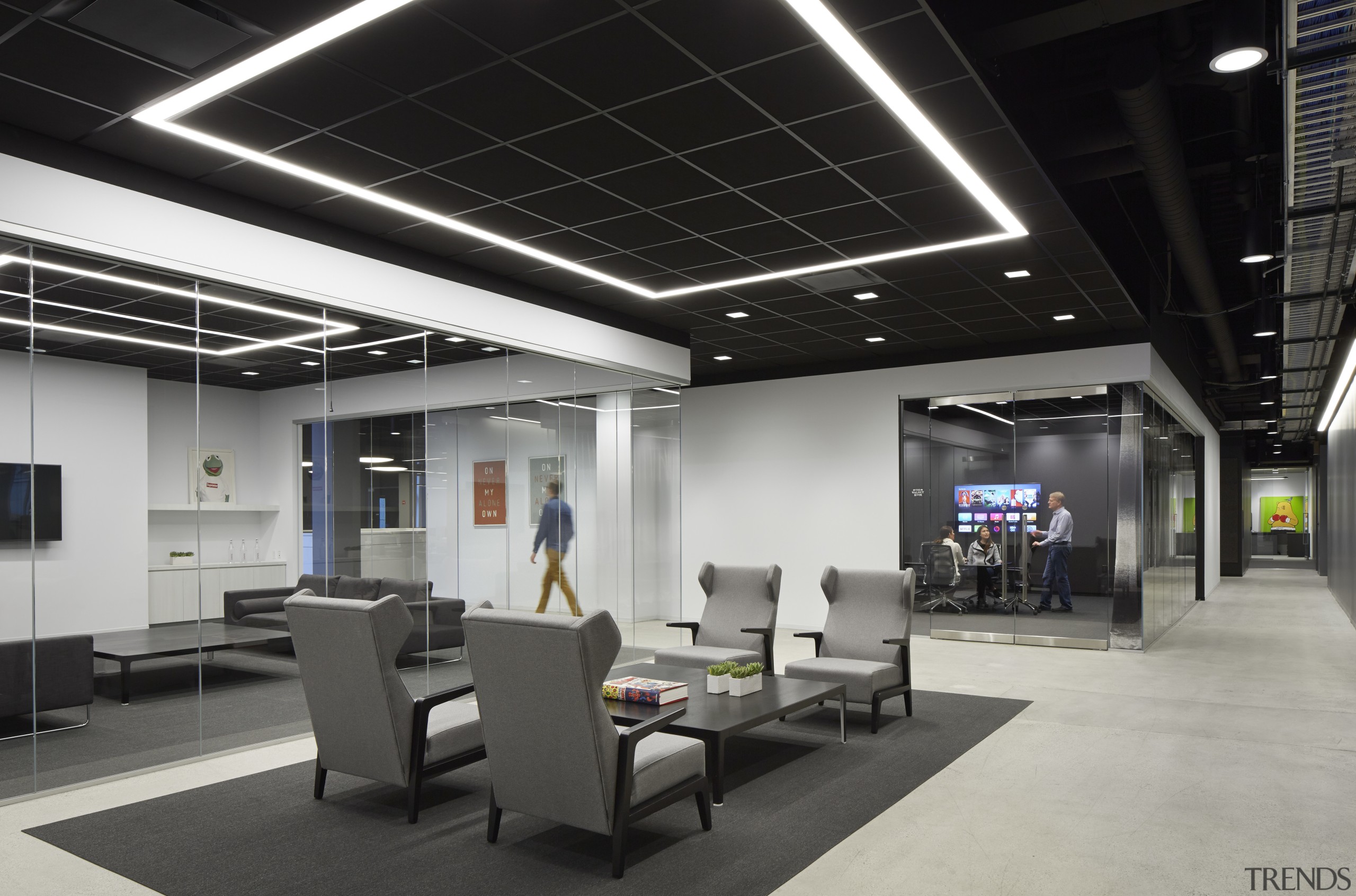 Walling these advertising studio meeting rooms in glass ceiling, interior design, office, product design, black, gray
