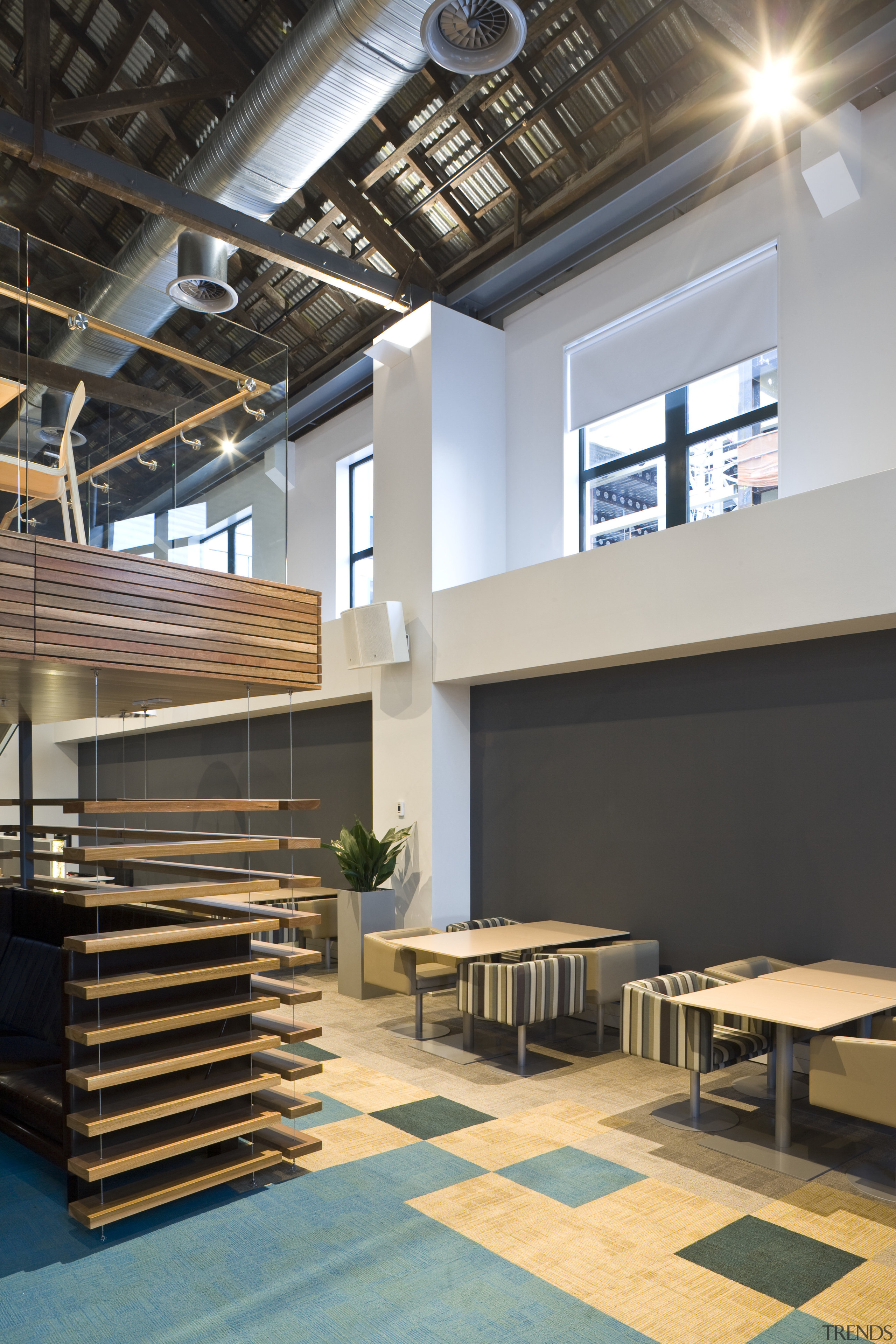 interior view of the Westpac offices featuring windows architecture, ceiling, daylighting, furniture, interior design, table, wood, black, gray