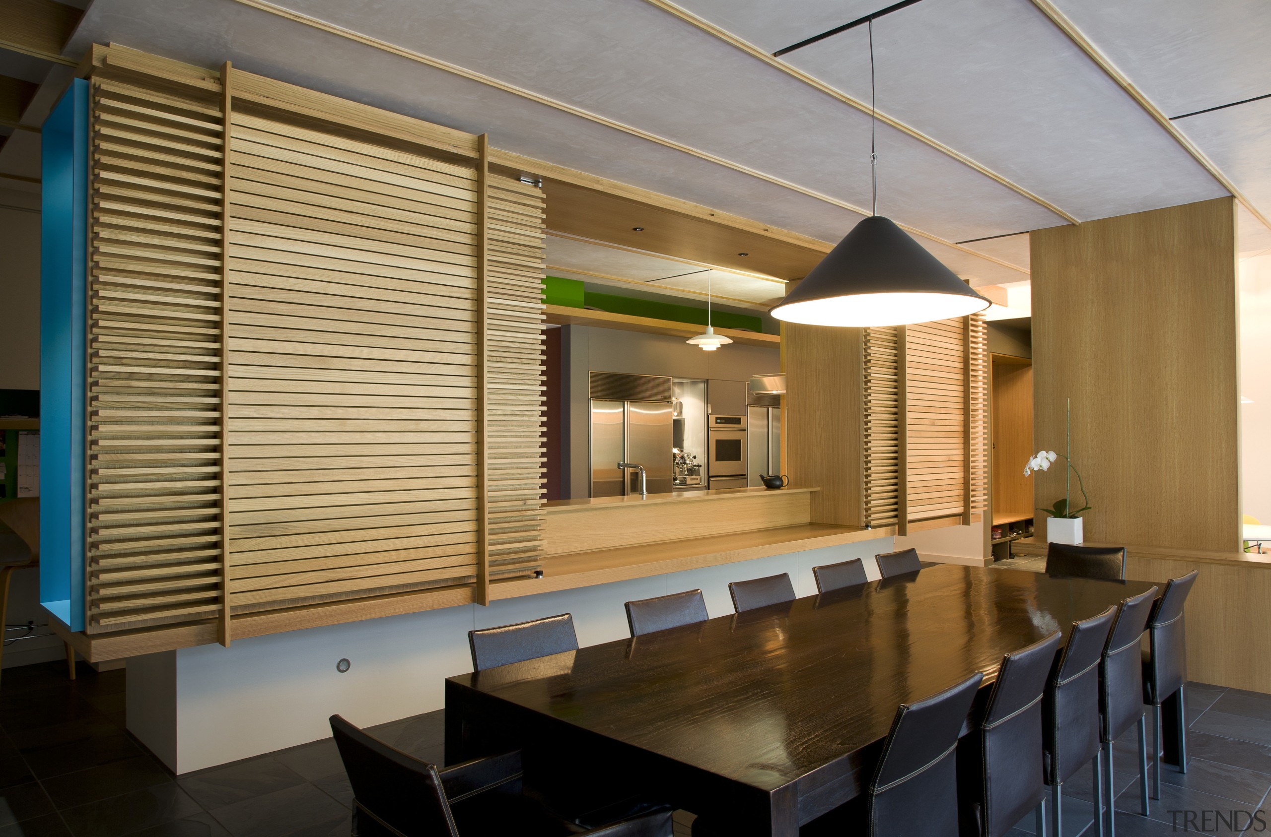 View of modernist style kitchen with wooden cabinetry architecture, ceiling, interior design, lobby, wood, brown