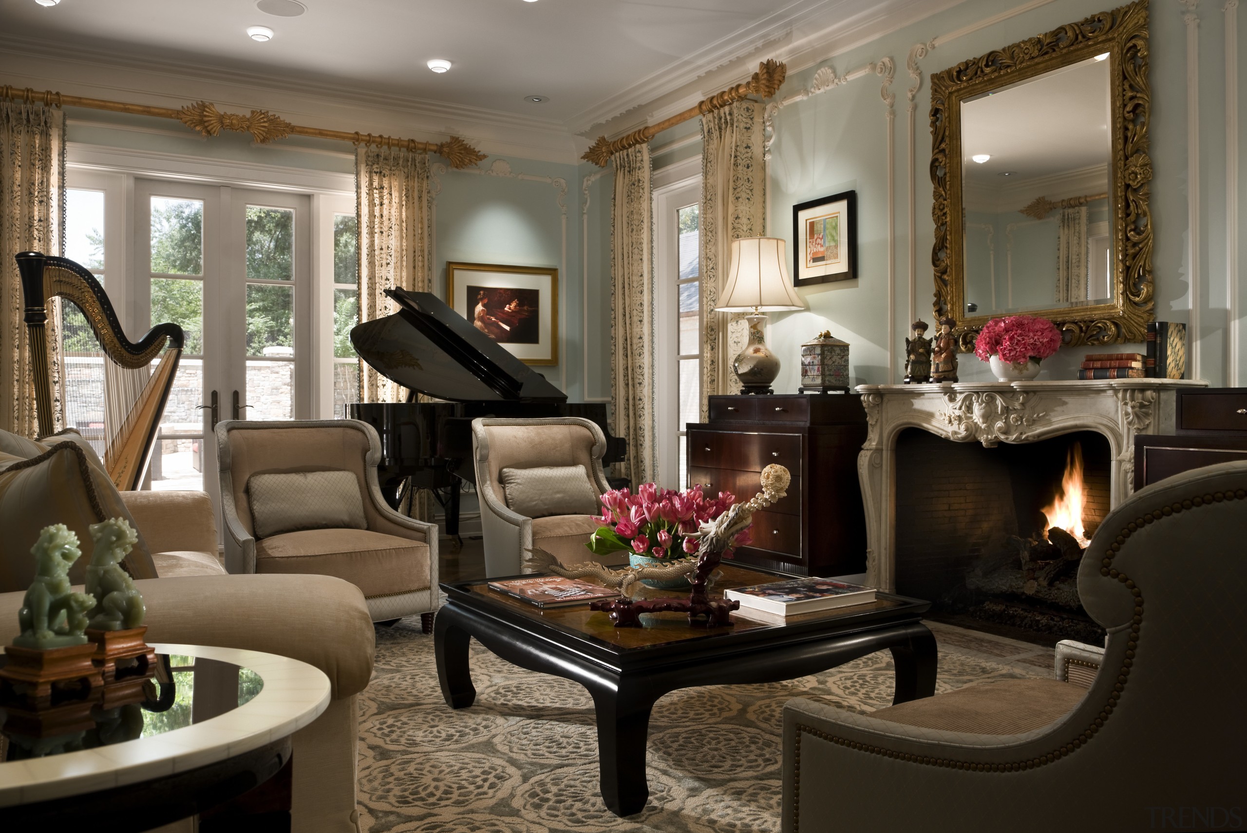 View of living area with fireplace, furniture &amp; furniture, home, interior design, living room, lobby, room, suite, brown, gray