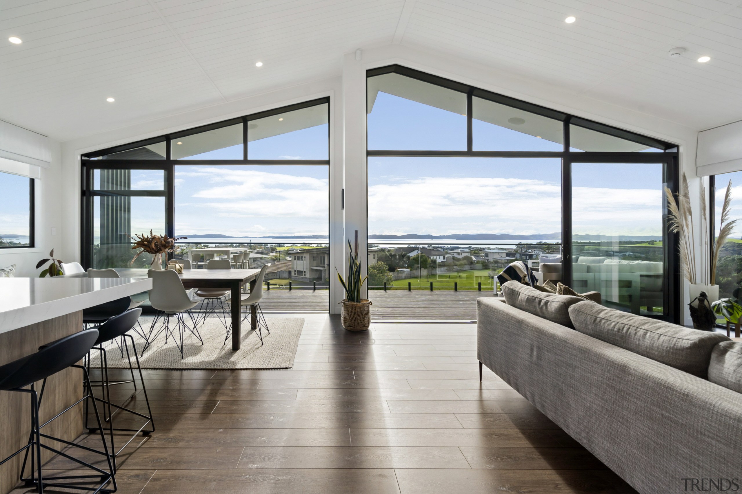 Kitchen, dining, living and views – upstairs, open-plan 