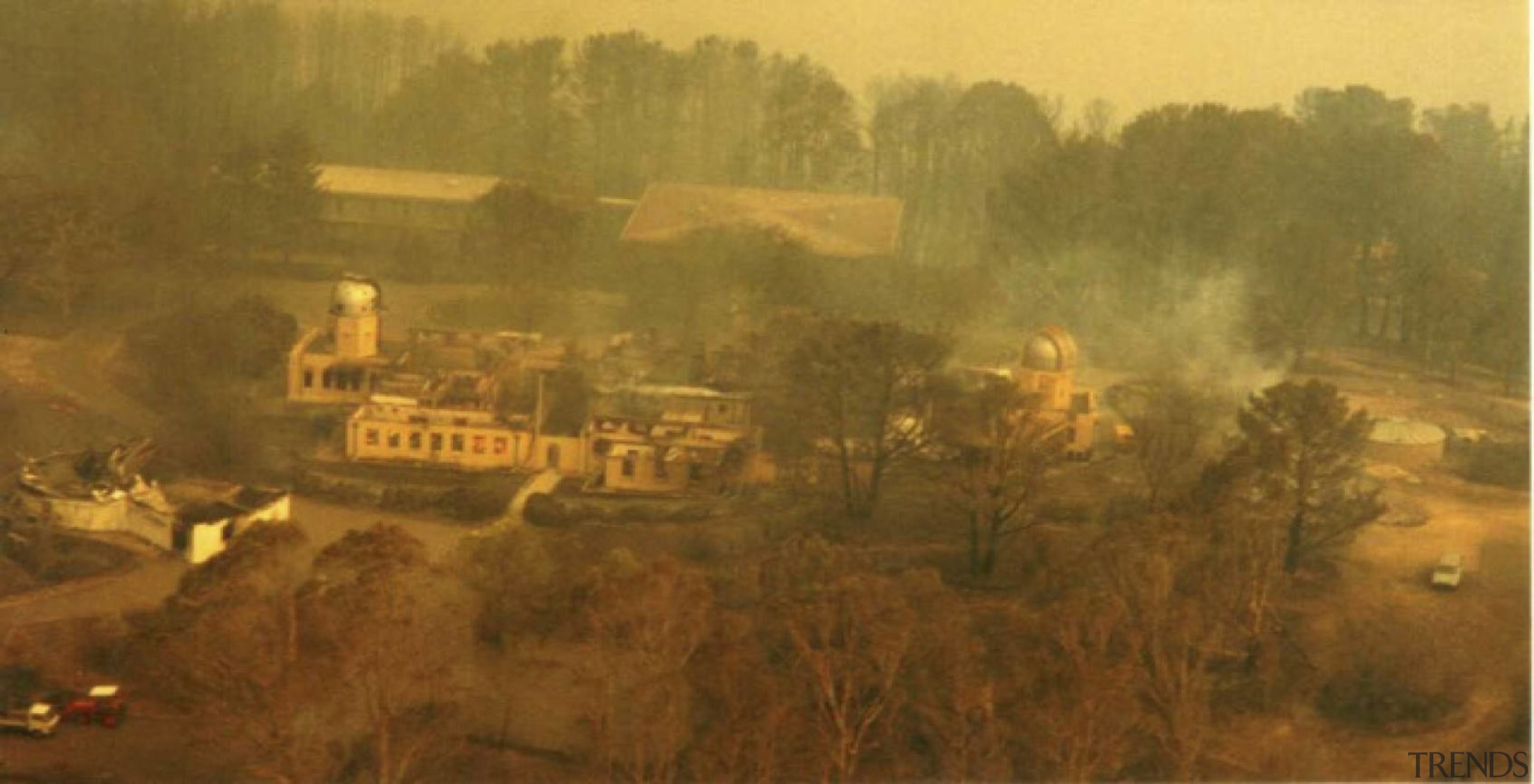 View of the observatory prior to renovations after ecoregion, geological phenomenon, landscape, painting, rural area, wildfire, brown