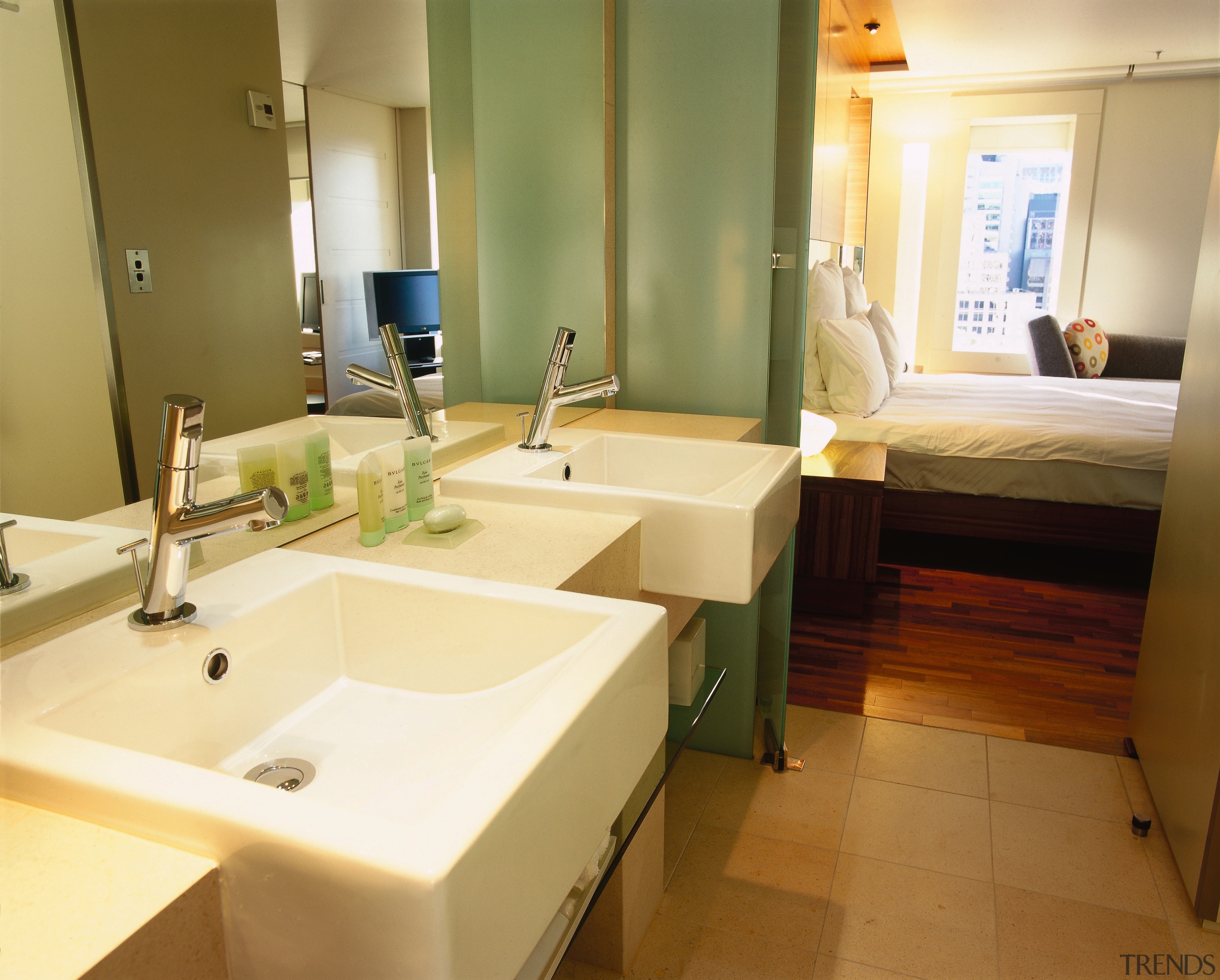 View of bathroom with twin semi recessed square bathroom, floor, interior design, room, sink, suite, brown, orange