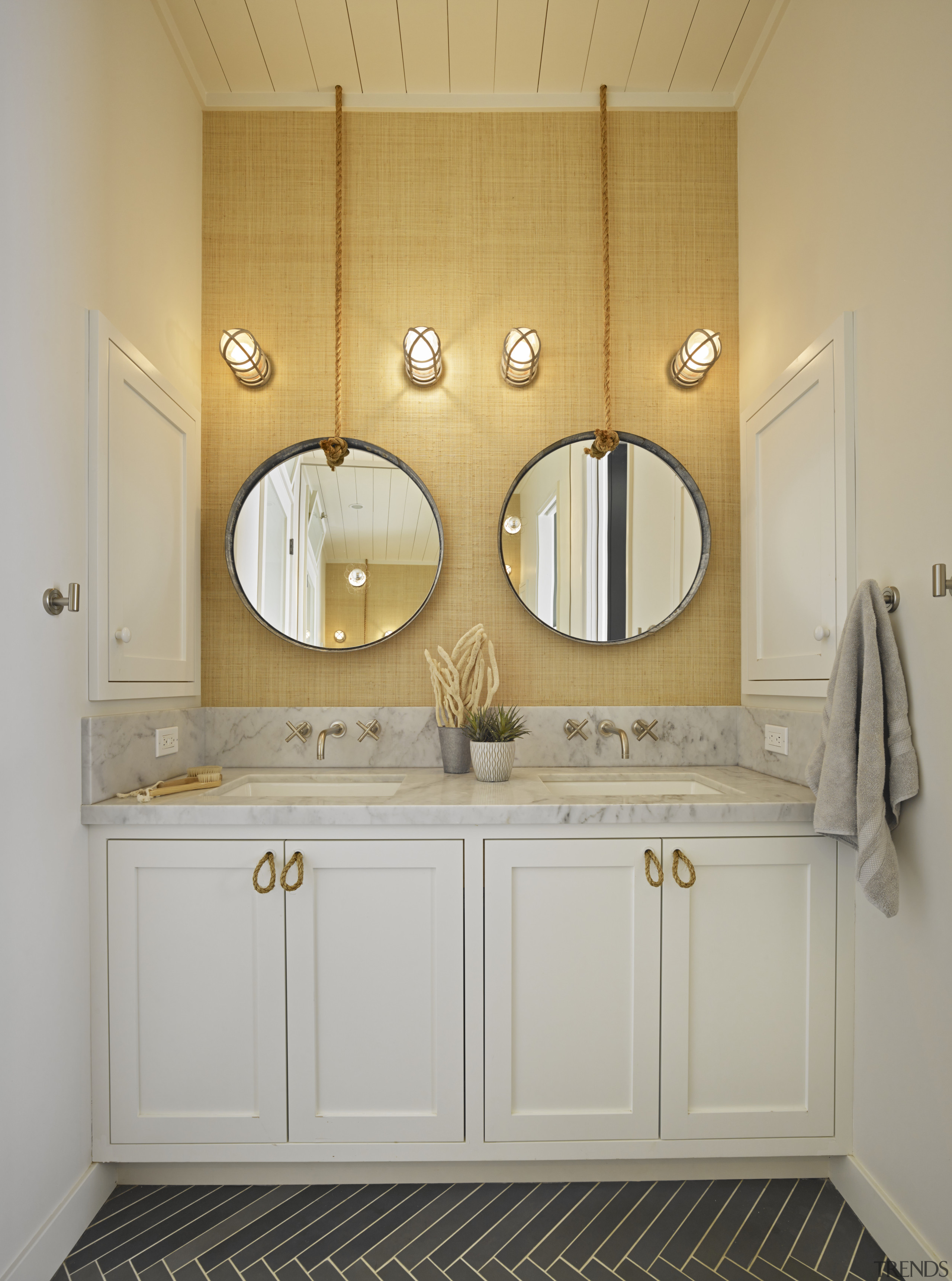 Contemporary rural new home - Contemporary rural new bathroom, bathroom accessory, bathroom cabinet, cabinetry, countertop, floor, home, interior design, room, sink, wall, gray, orange