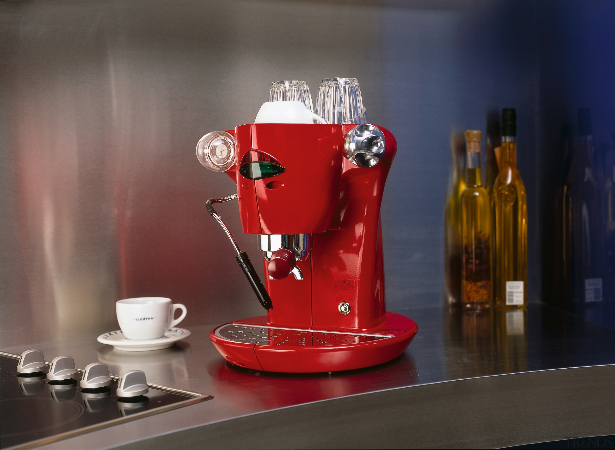 view of n elecktra coffee machine - view drink, product, product design, red, gray