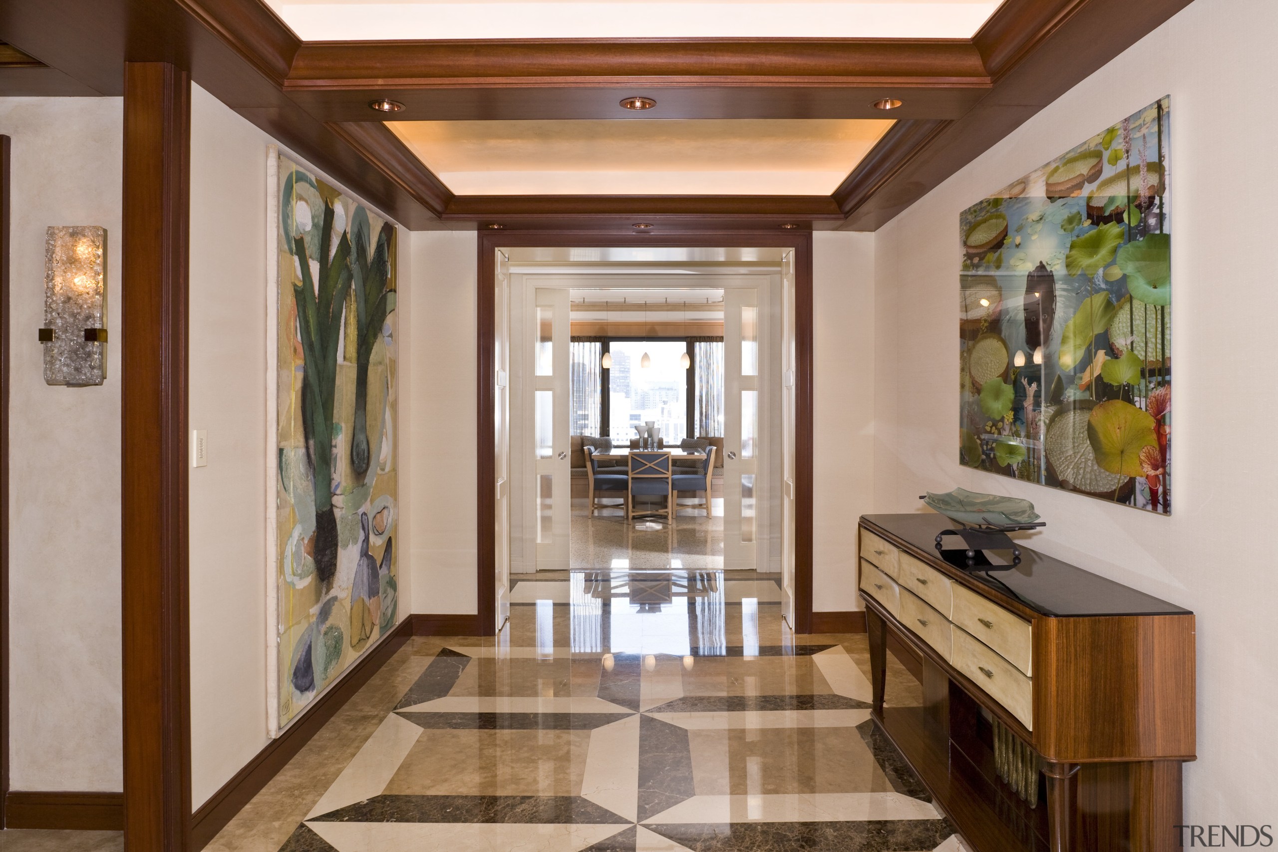 View of the main foyer which leads into ceiling, estate, floor, flooring, interior design, lobby, real estate, gray, brown