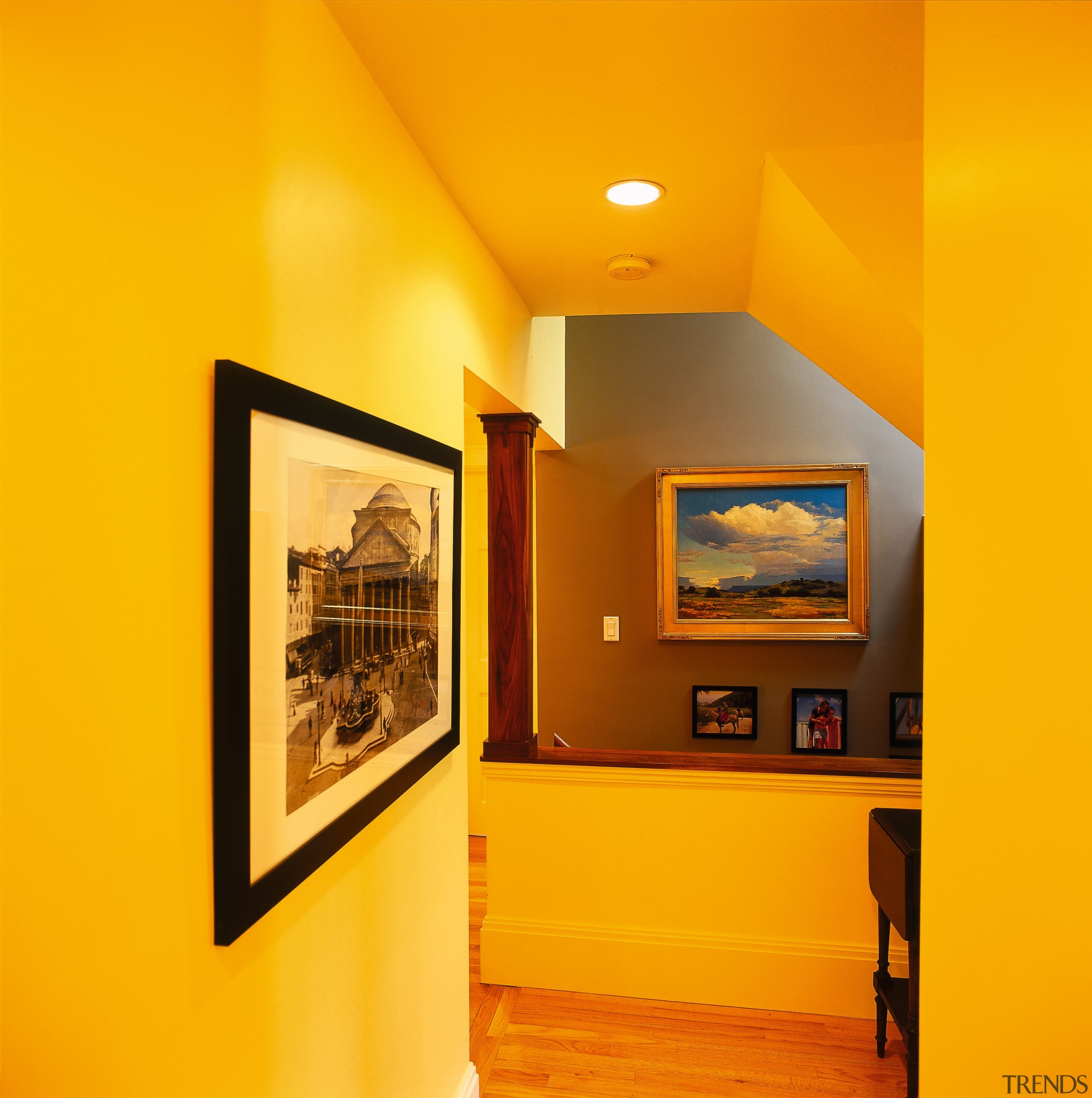 View of the yellow hall and stairwell, with architecture, ceiling, exhibition, home, house, interior design, orange, tourist attraction, wall, yellow, orange