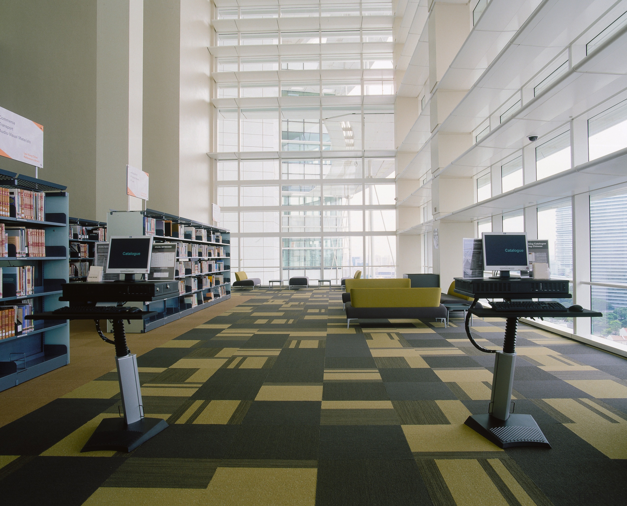 View of the big open spaces and high architecture, building, daylighting, floor, flooring, institution, interior design, library, lobby, office, public library, gray