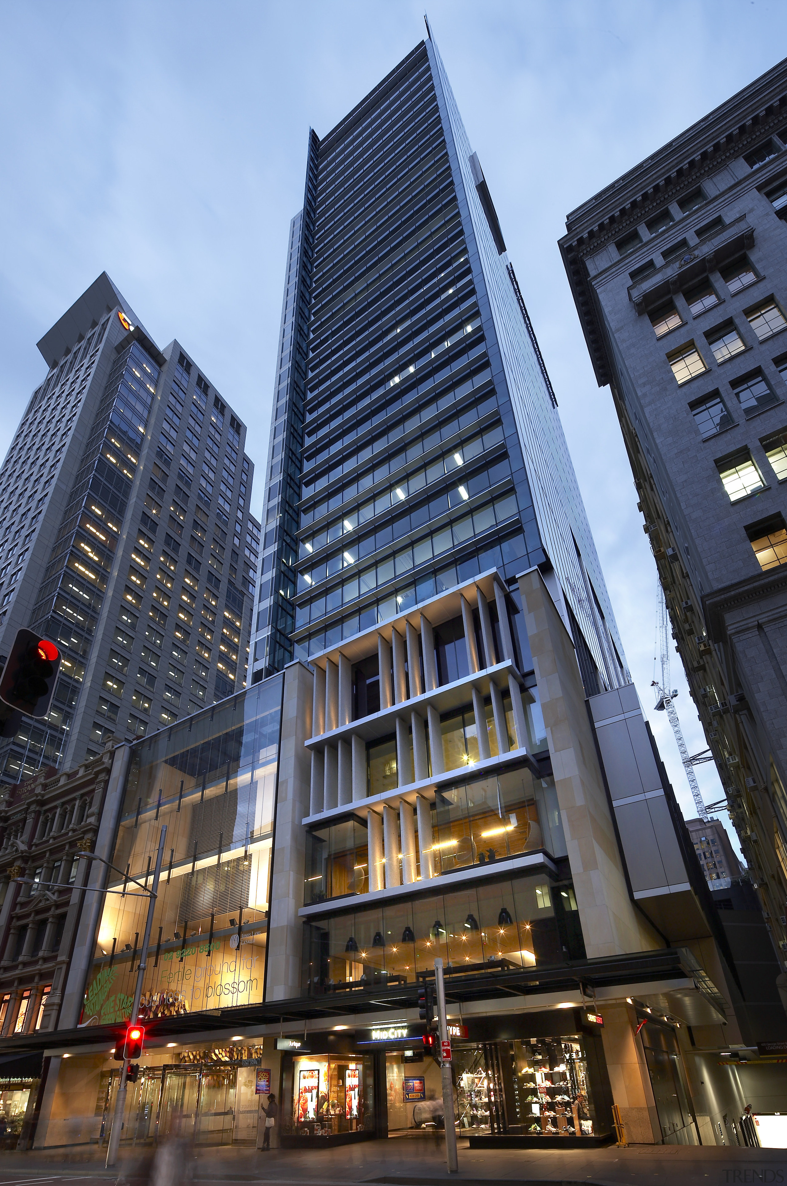 View of 420 George Street, featuring frameless vitrines apartment, architecture, building, city, cityscape, commercial building, condominium, corporate headquarters, daytime, downtown, facade, hotel, landmark, metropolis, metropolitan area, mixed use, neighbourhood, night, residential area, sky, skyline, skyscraper, tower, tower block, urban area, window, black, teal
