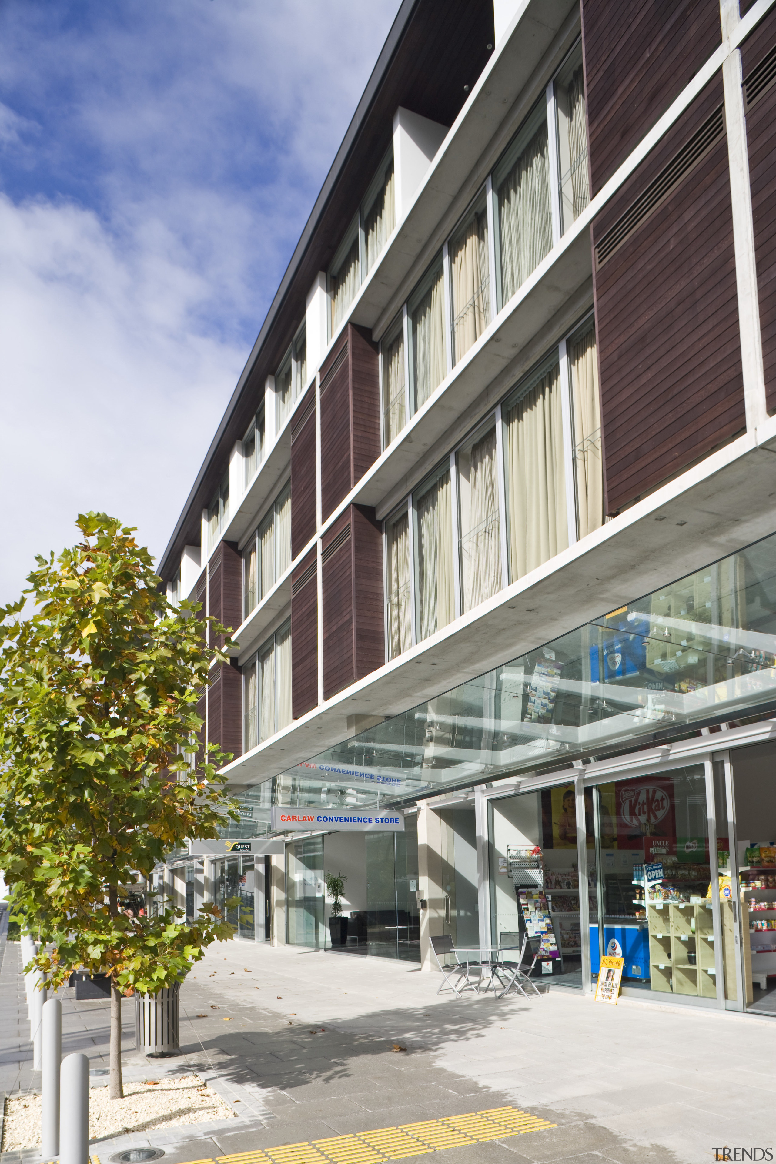 Exterior view of a building in Carlaw Park apartment, architecture, building, commercial building, condominium, facade, house, metropolitan area, mixed use, neighbourhood, real estate, residential area, white